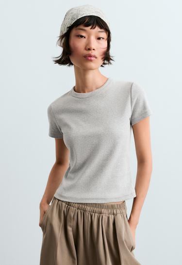 Fitted short-sleeved cotton blend rib T-shirt — GREY MELANGE 2