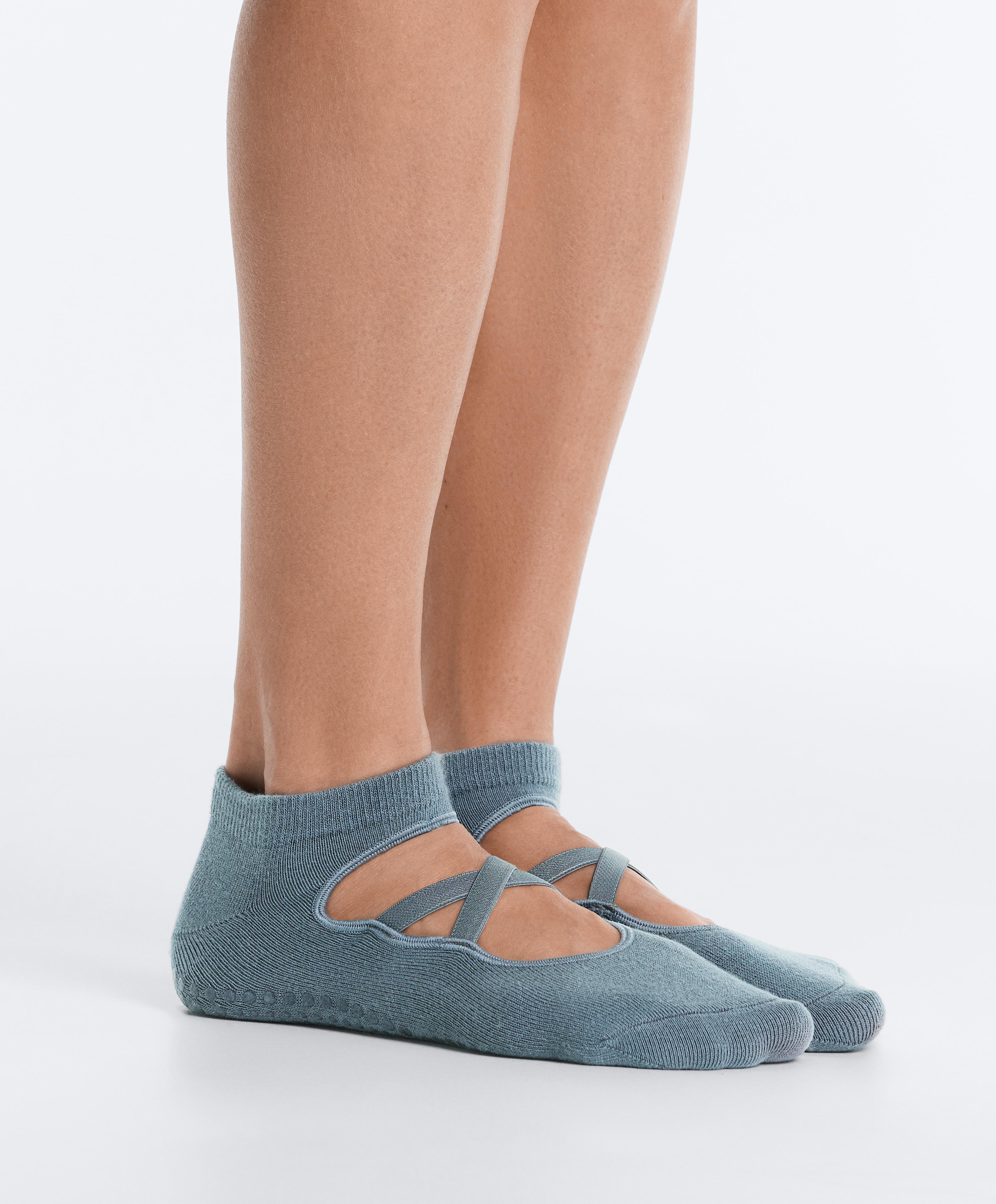 2 pairs of cotton blend yoga and Pilates socks with crossover straps — DARK GREY-BLUE