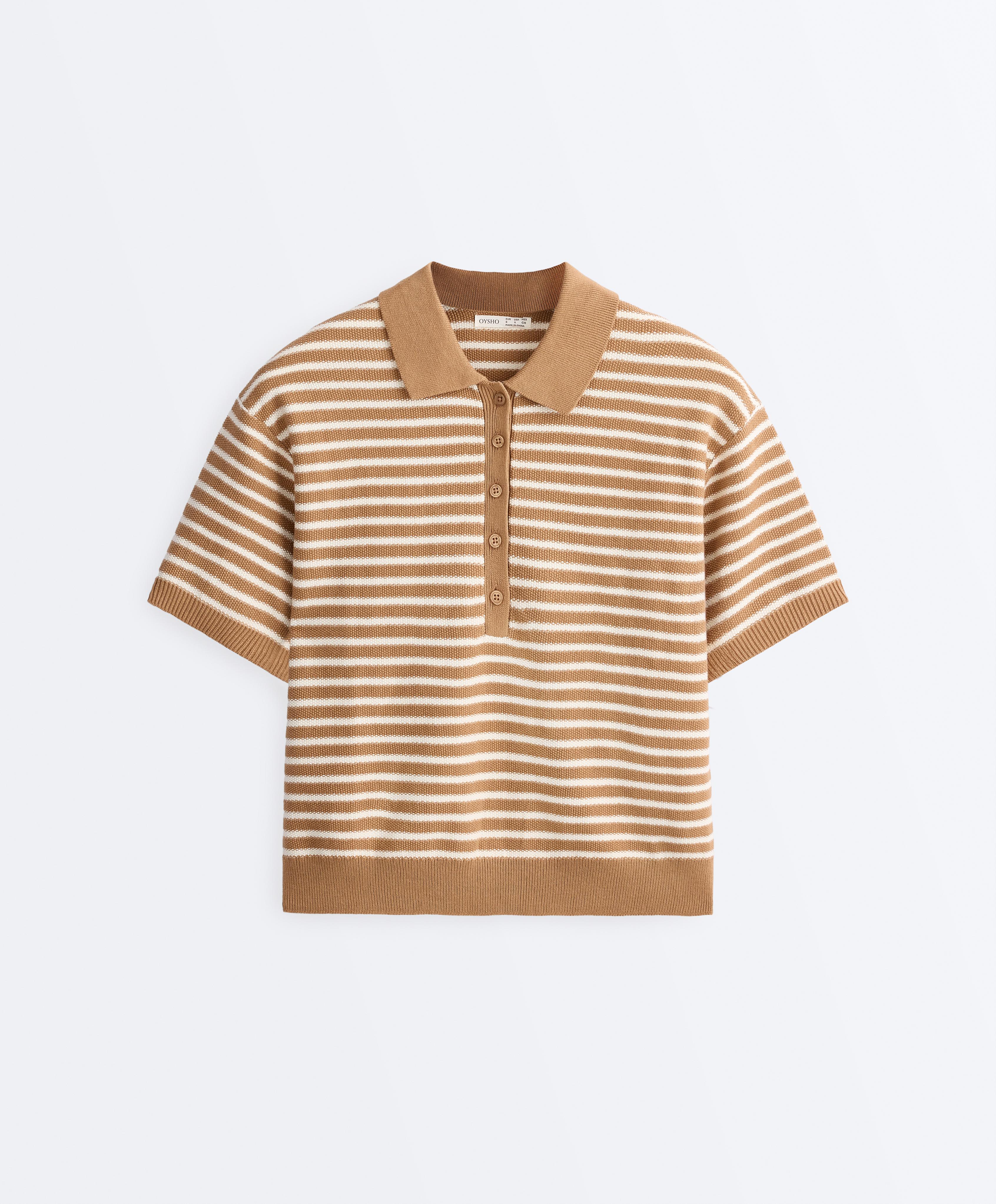 100% cotton striped knit polo shirt — PALE ECRU