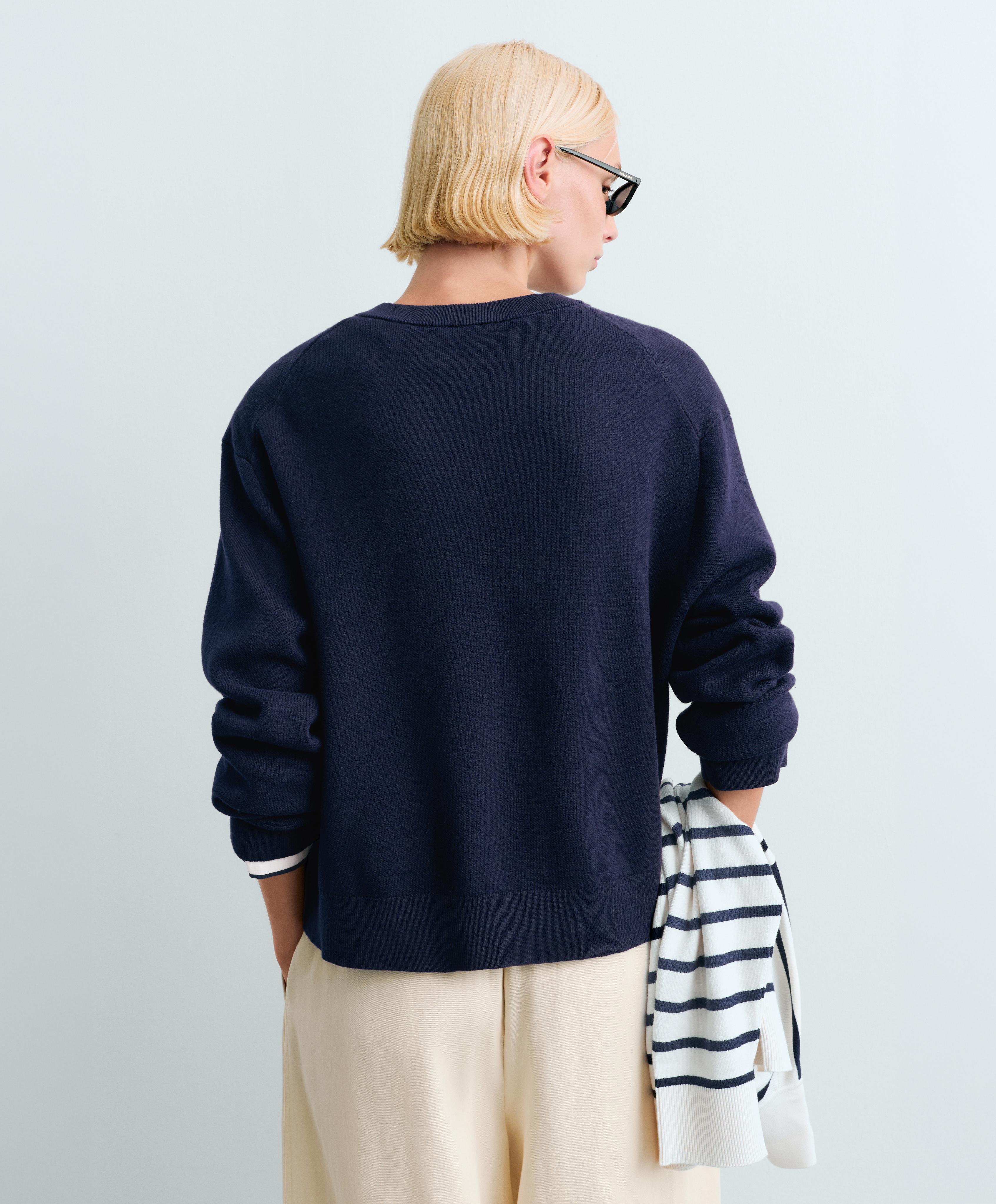 Cotton blend V-neck knit jumper — NAVY BLUE