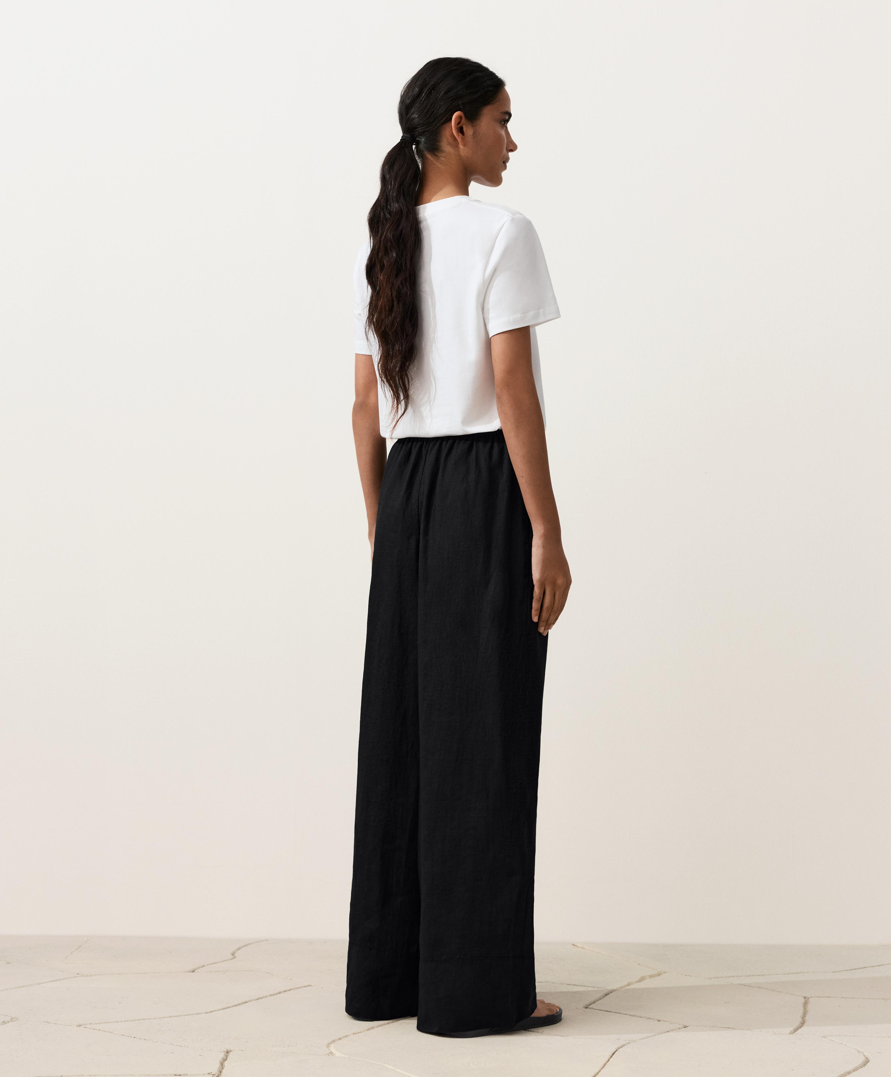 100% linen straight-leg trousers — BLACK