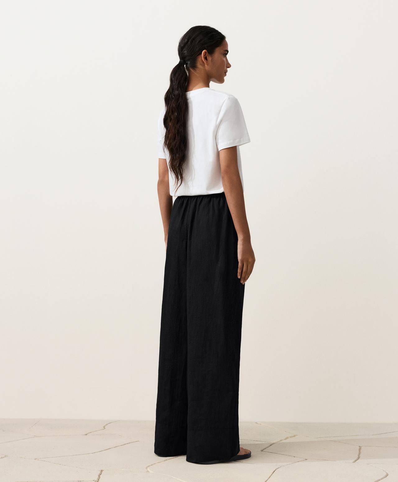 100% linen straight-leg trousers — BLACK