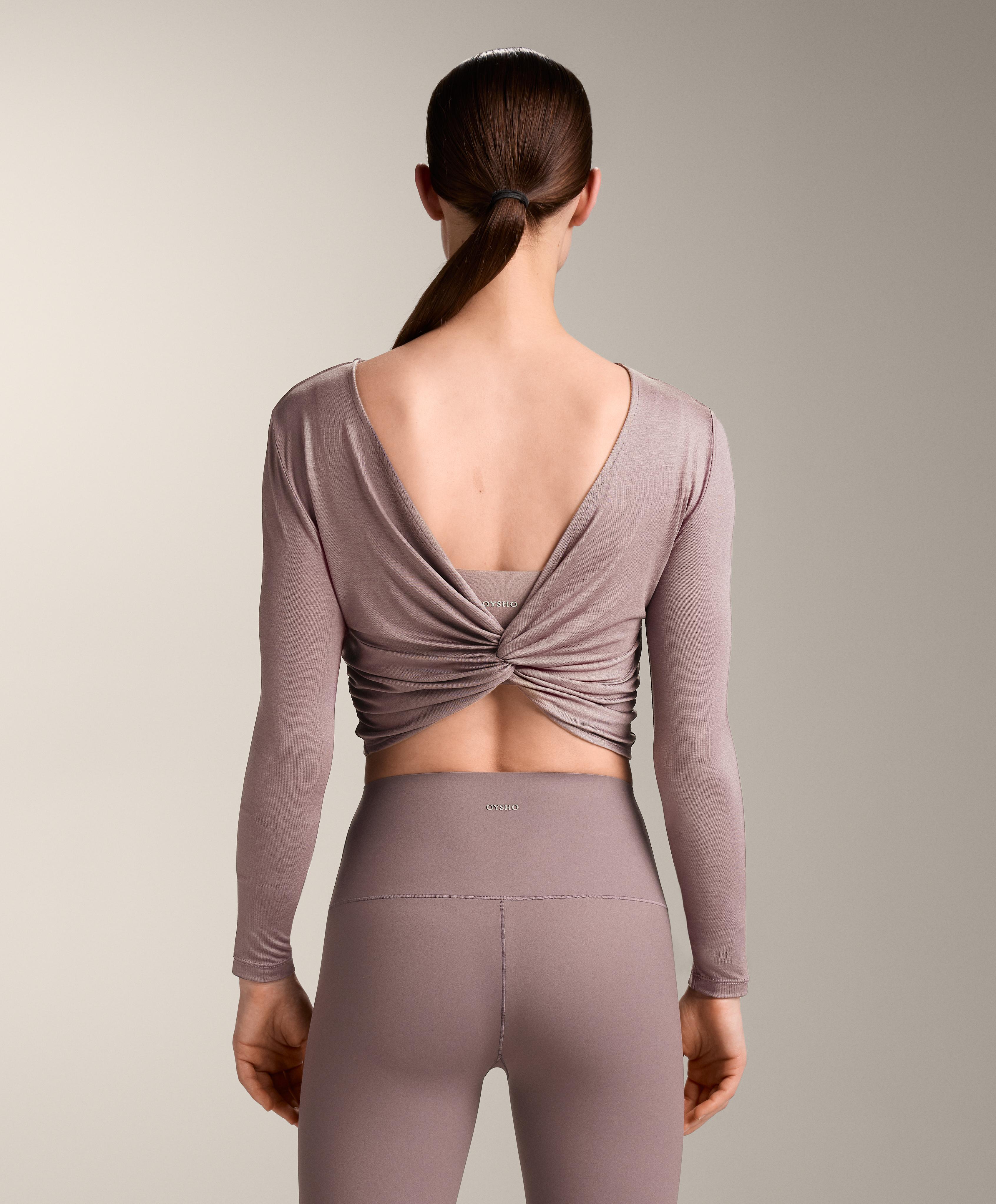 Multi-position long sleeve knotted lyocell blend T-shirt — GREY-LILAC