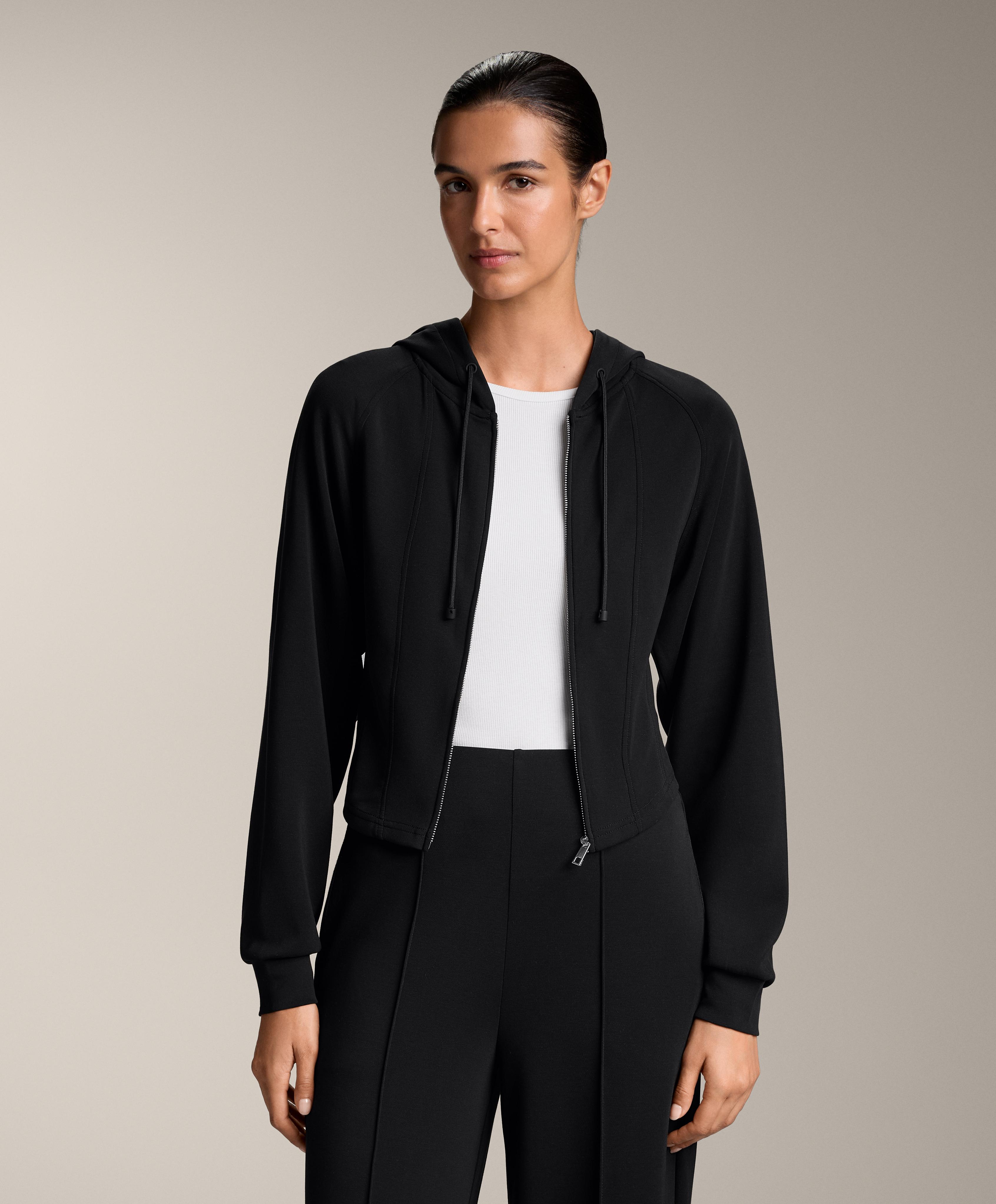 Přiléhavá crop bunda s kapucí a s látkou modal hebká na dotek - Slevy Přiléhavá crop bunda s kapucí a s látkou modal hebká na dotek - Slevy