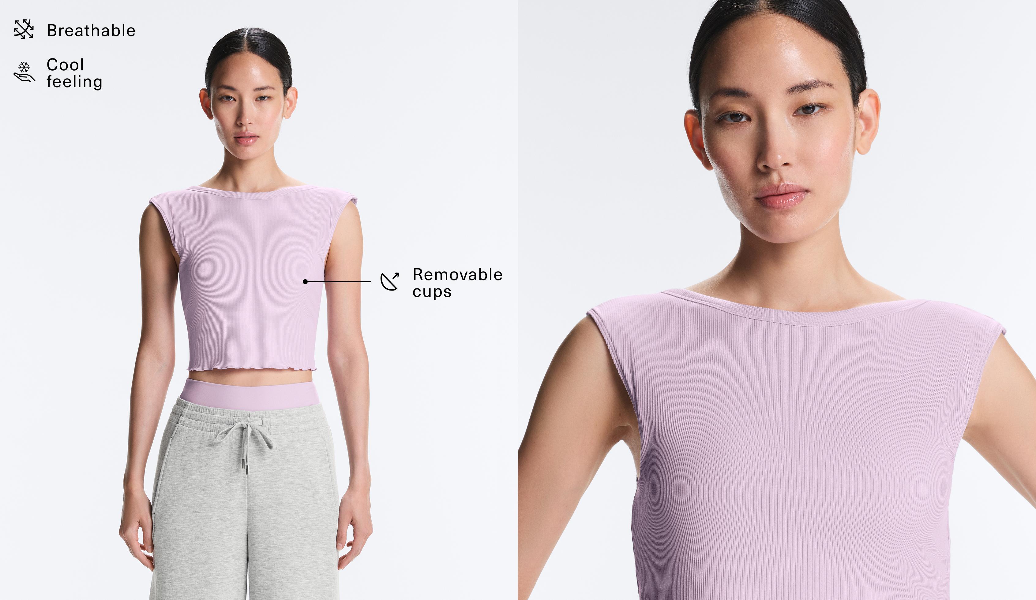 Rib modal blend short sleeve tank top with curling detail — LILAC