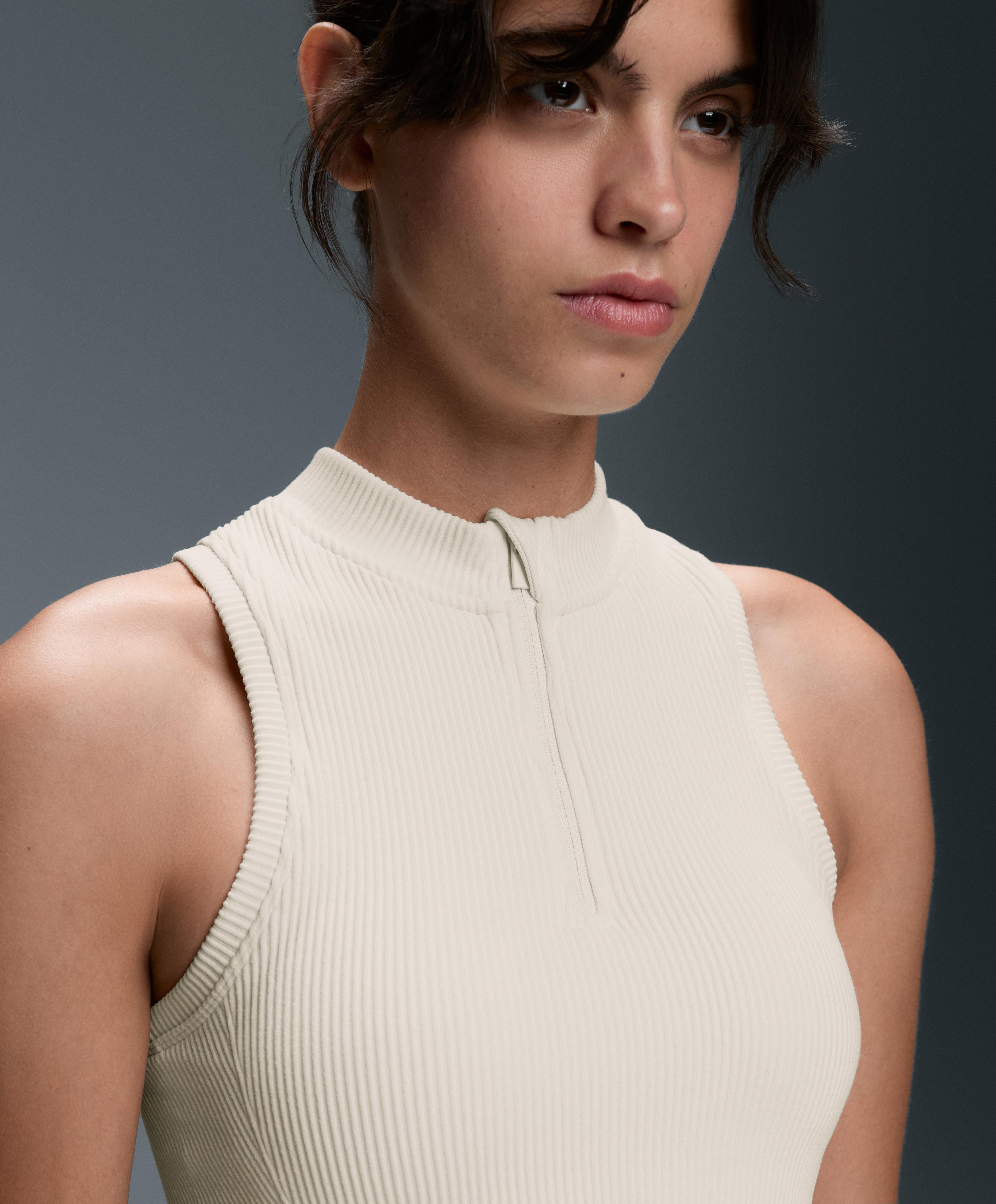 Sleeveless seamless rib tank top with half-zip — PALE ECRU