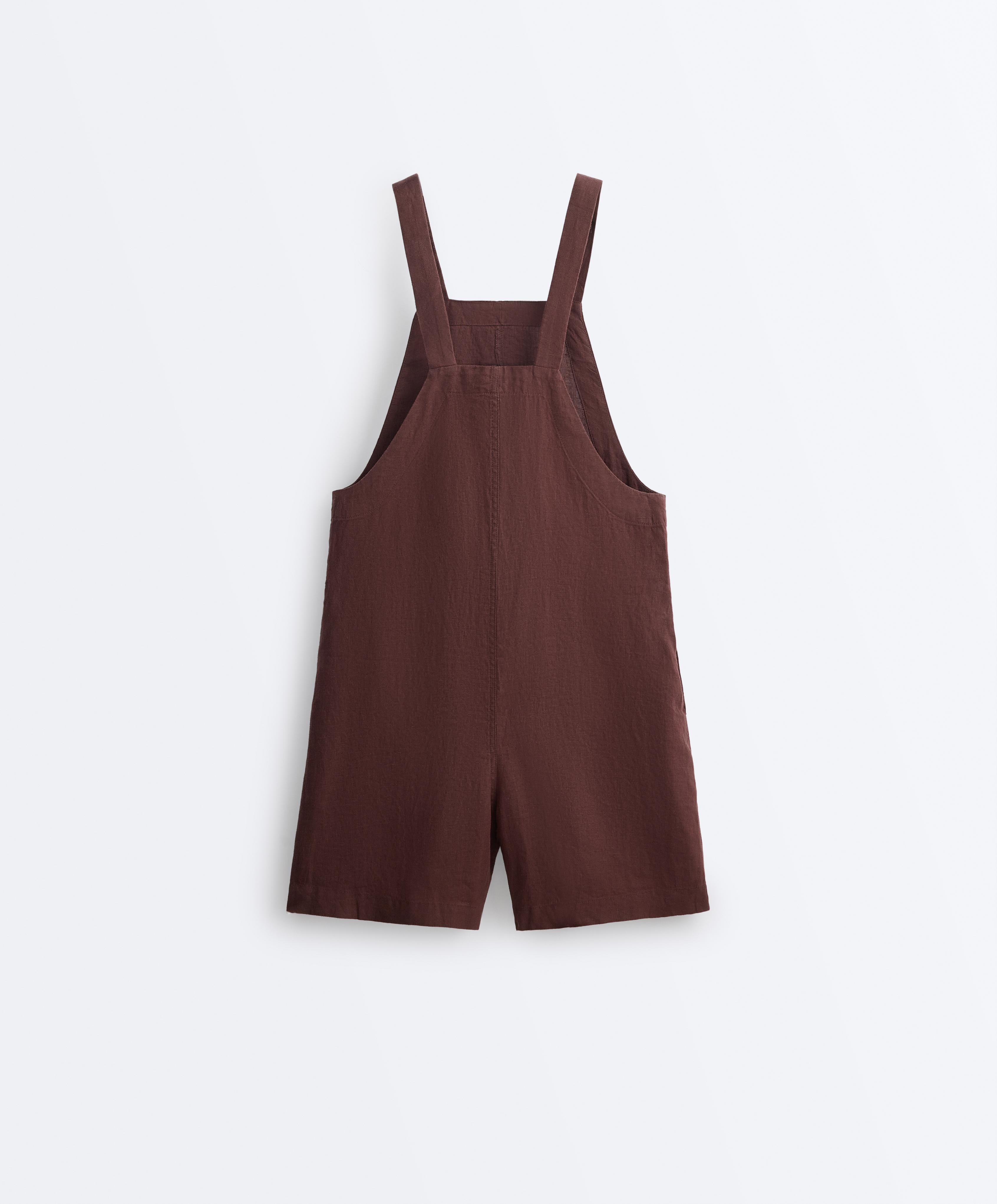 Short strappy 100% linen jumpsuit — CHOCOLATE
