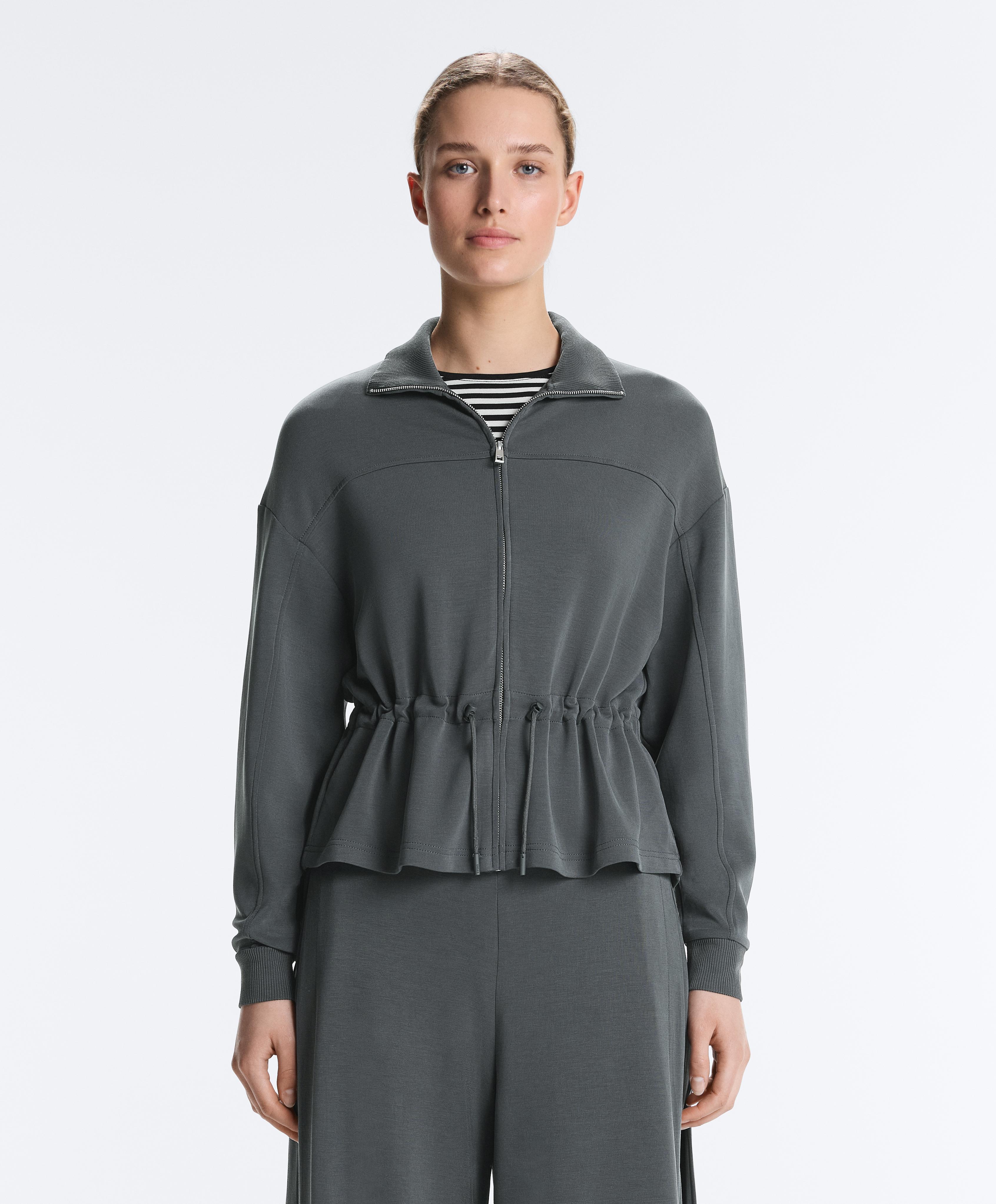 Soft-touch modal jacket with adjustable waist and high collar — ASPHALT