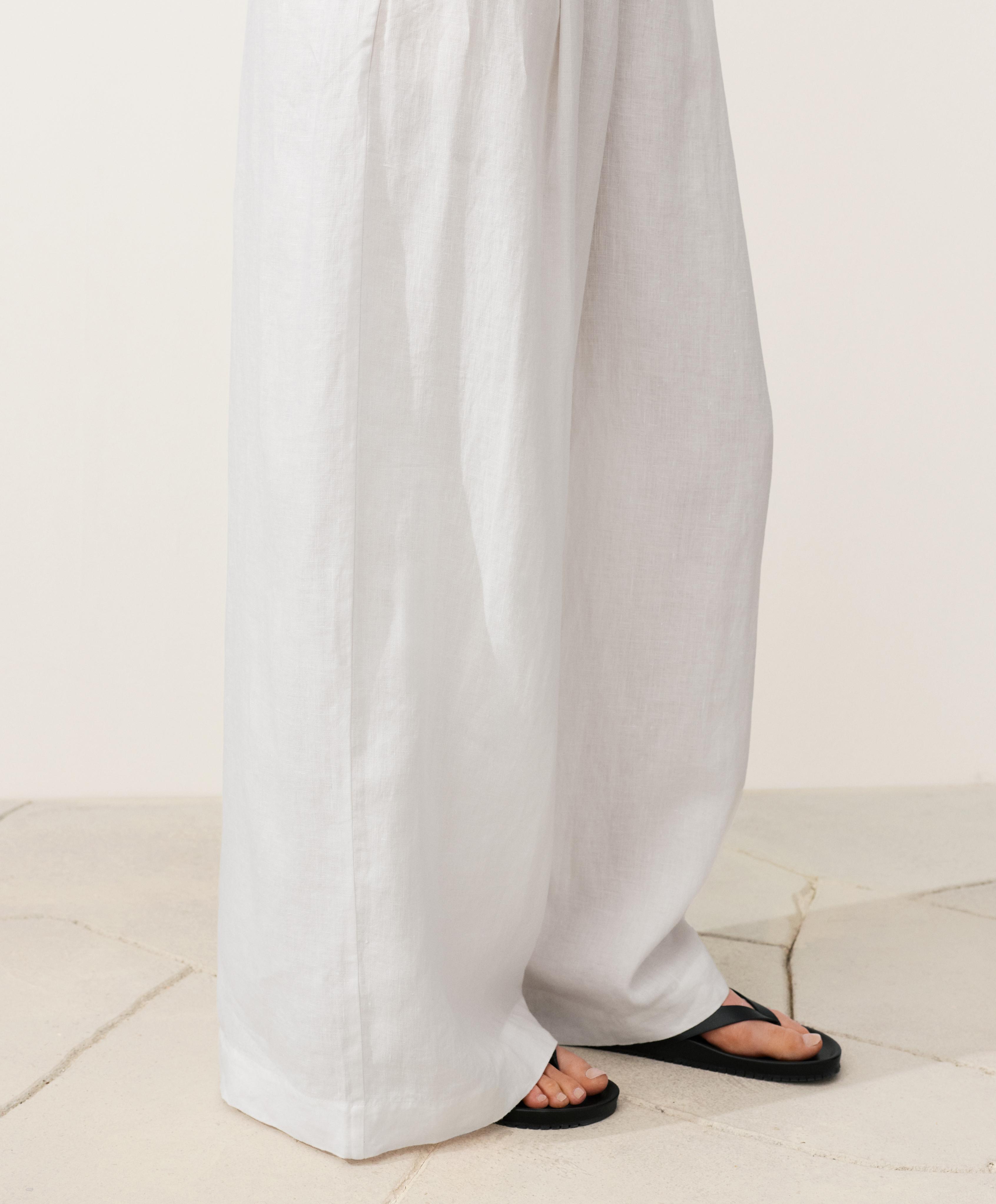 100% linen wide-leg trousers — WHITE