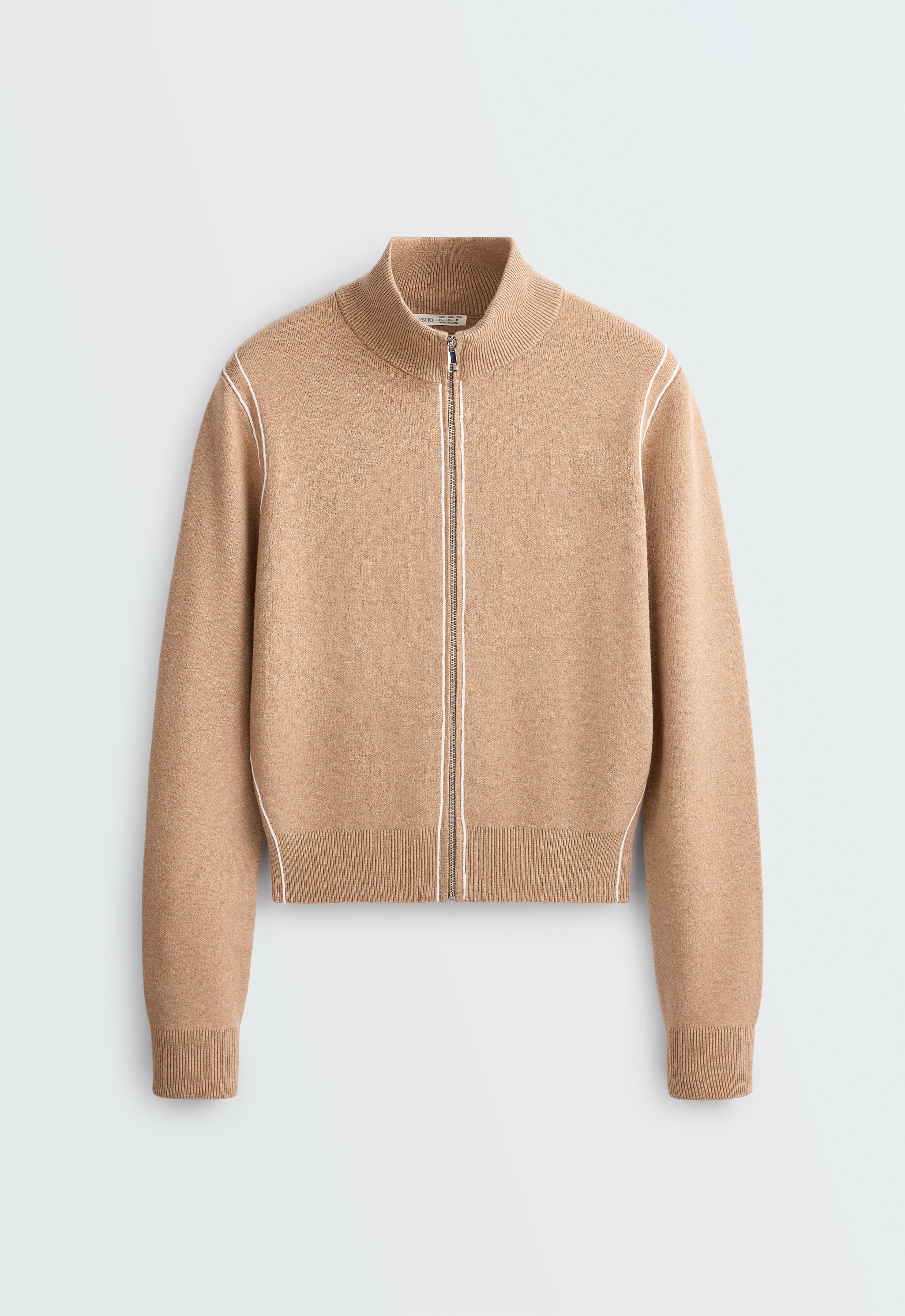 Contrast piping knit jacket — CAMEL