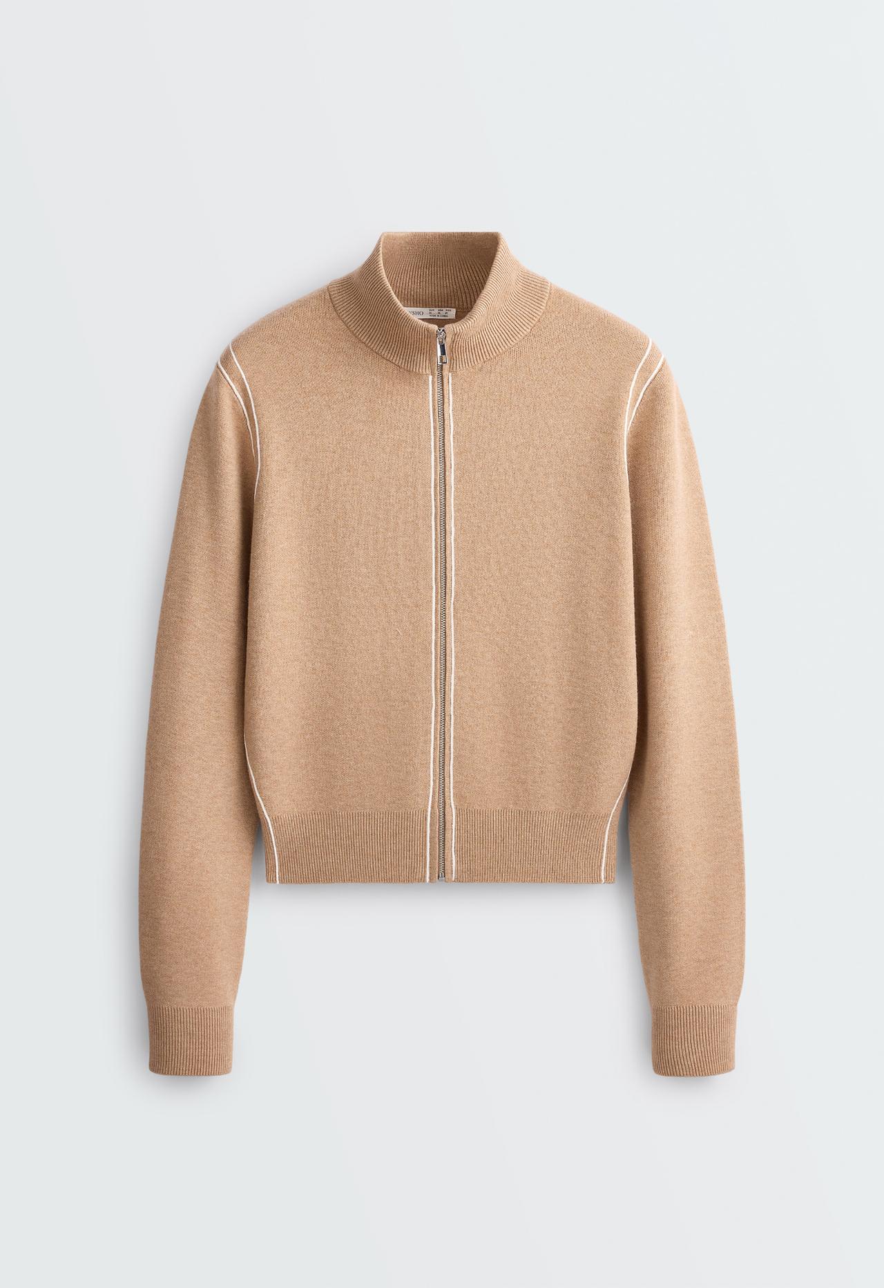 Contrast piping knit jacket — CAMEL