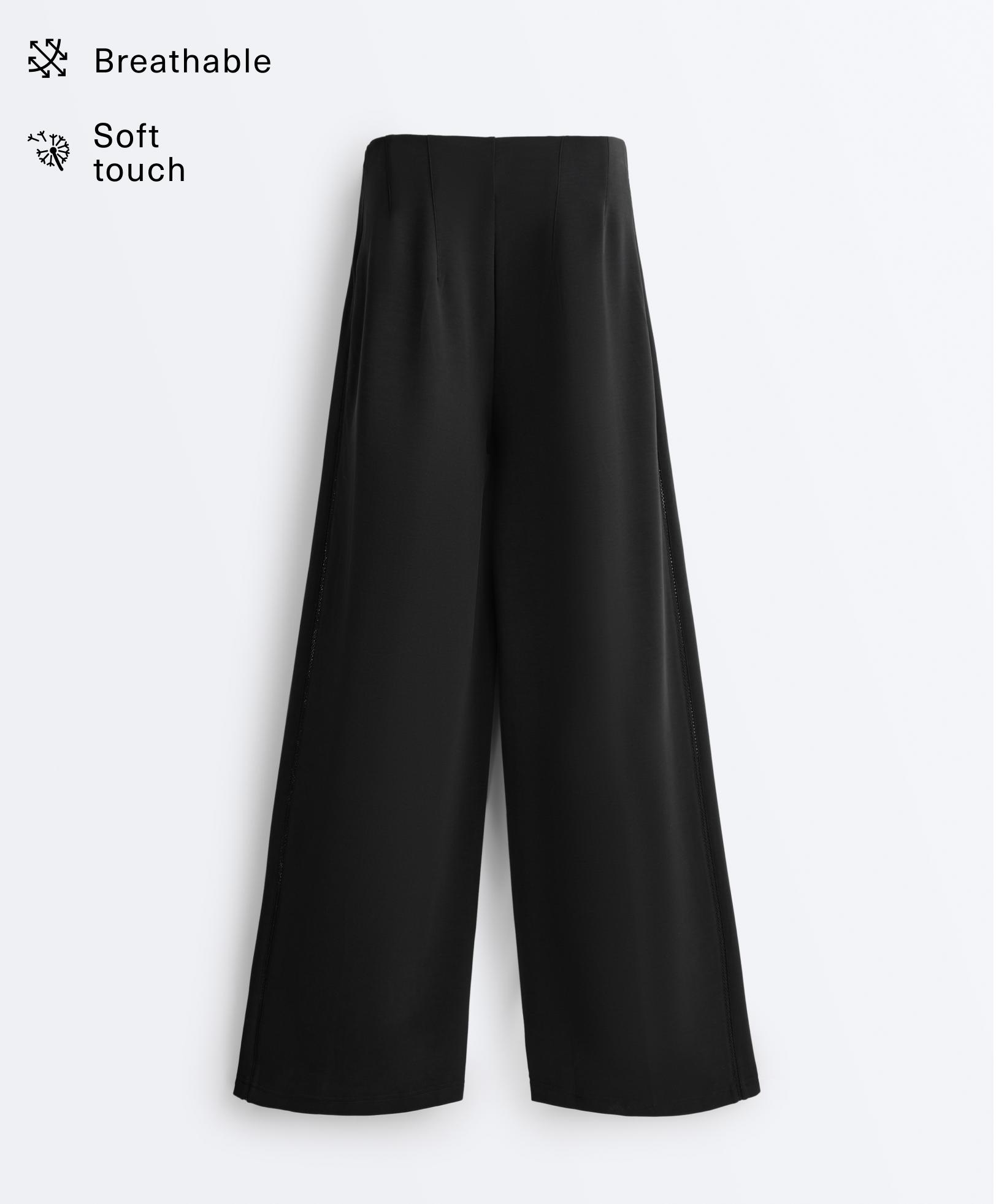 Wide-leg trousers with soft-touch modal and hemstitch — BLACK
