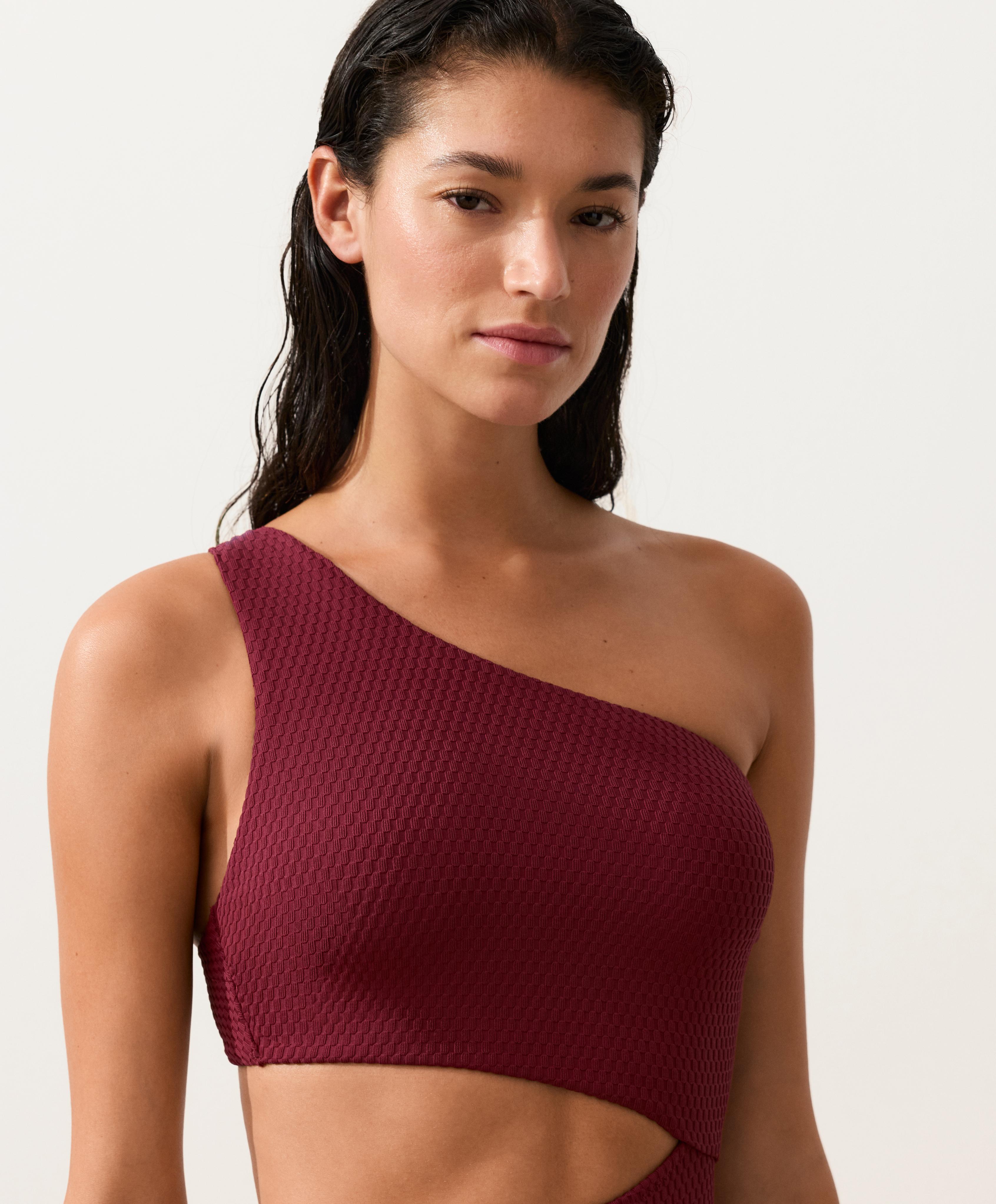 Mini check jacquard asymmetric trikini — CHERRY