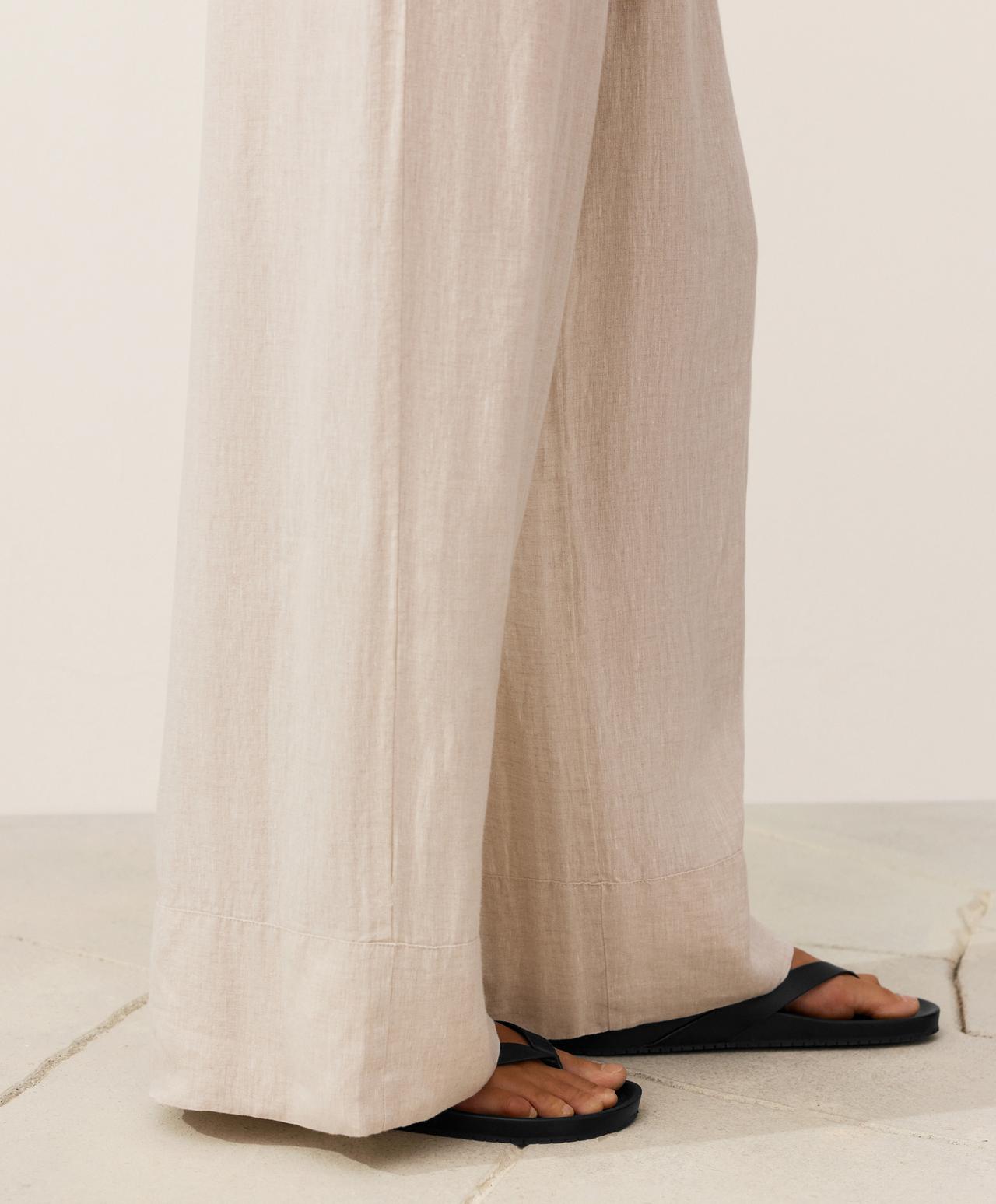 100% linen straight-leg trousers — SAND MELANGE