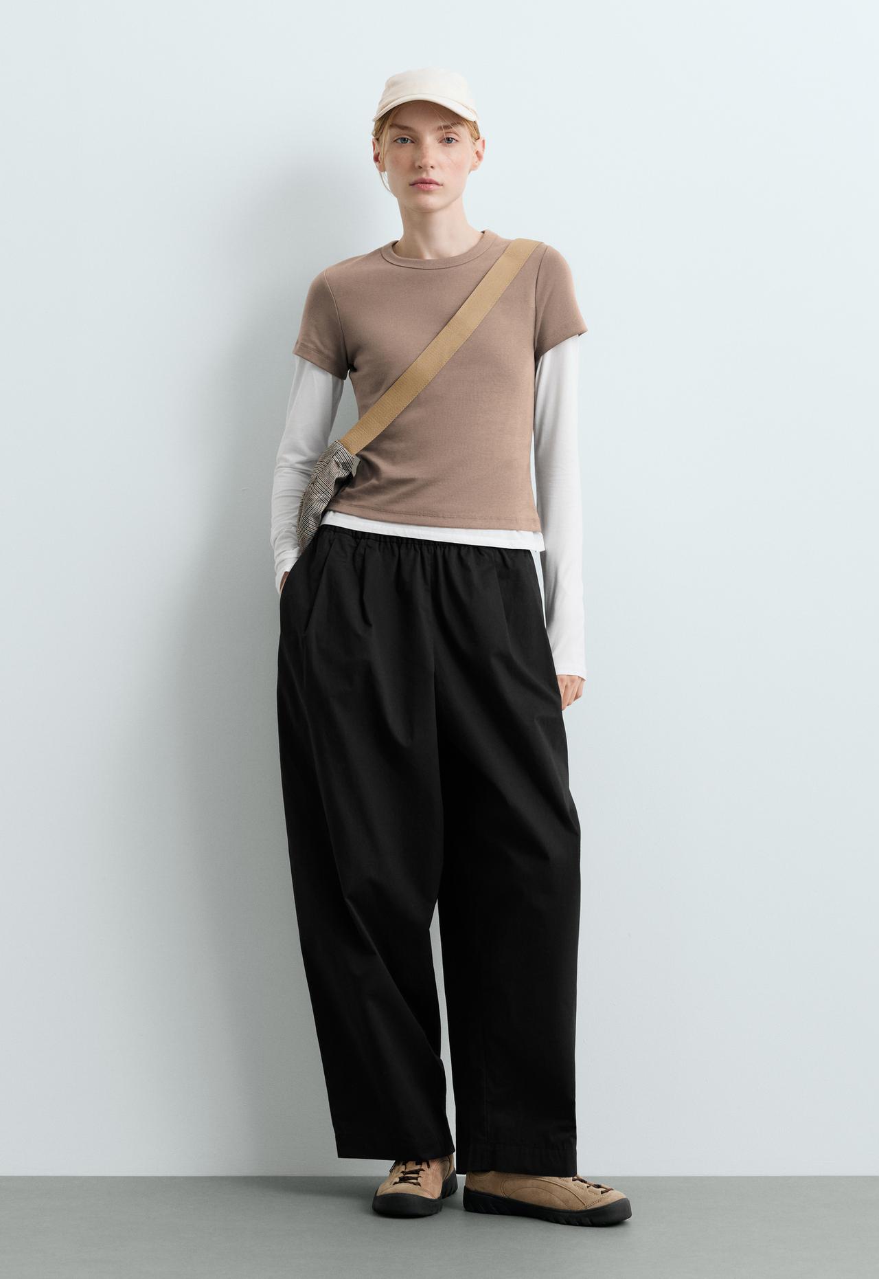 Fitted short-sleeved cotton blend rib T-shirt — DARK MINK