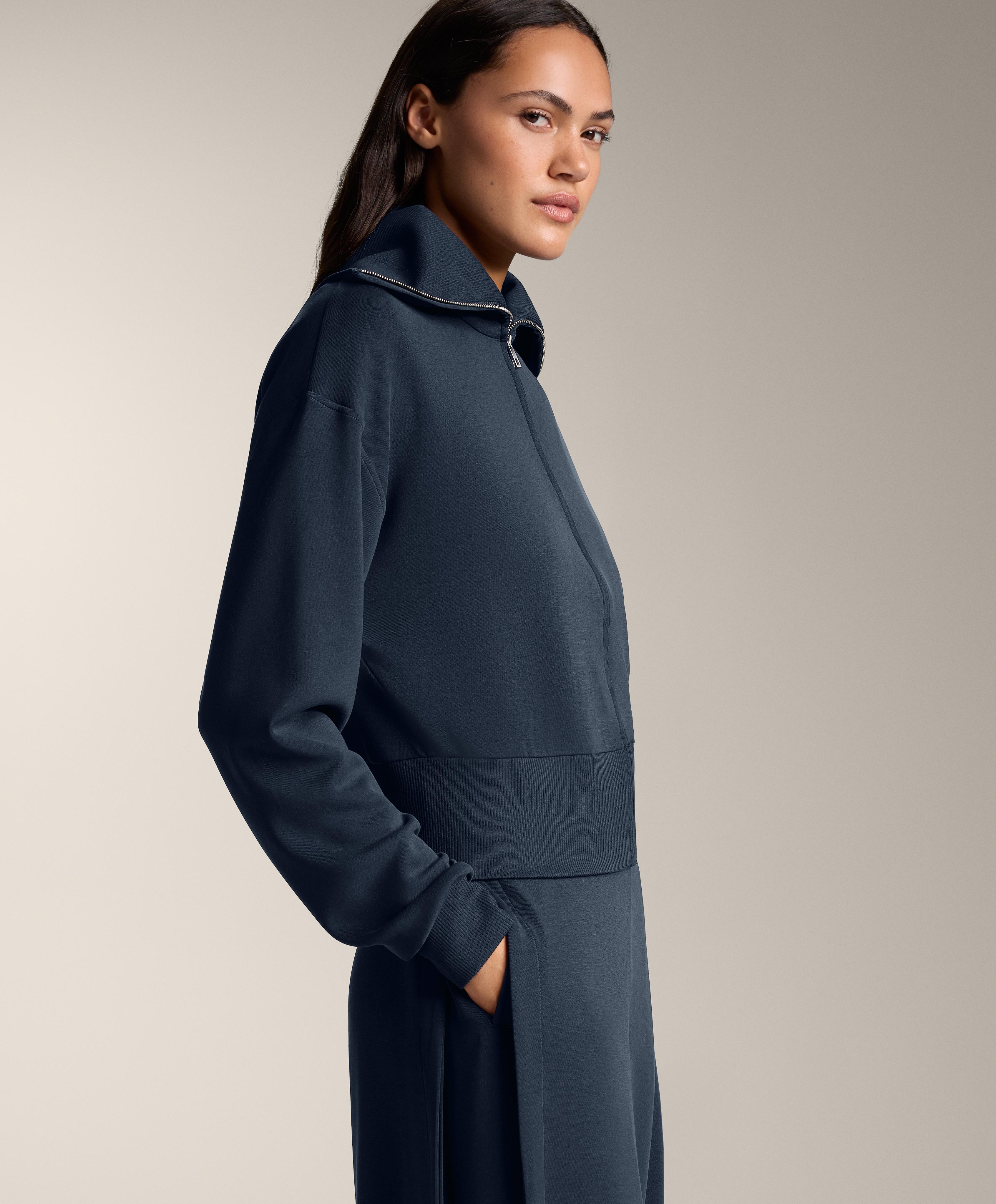 Fitted waist knit collar jacket with modal — NAVY BLUE