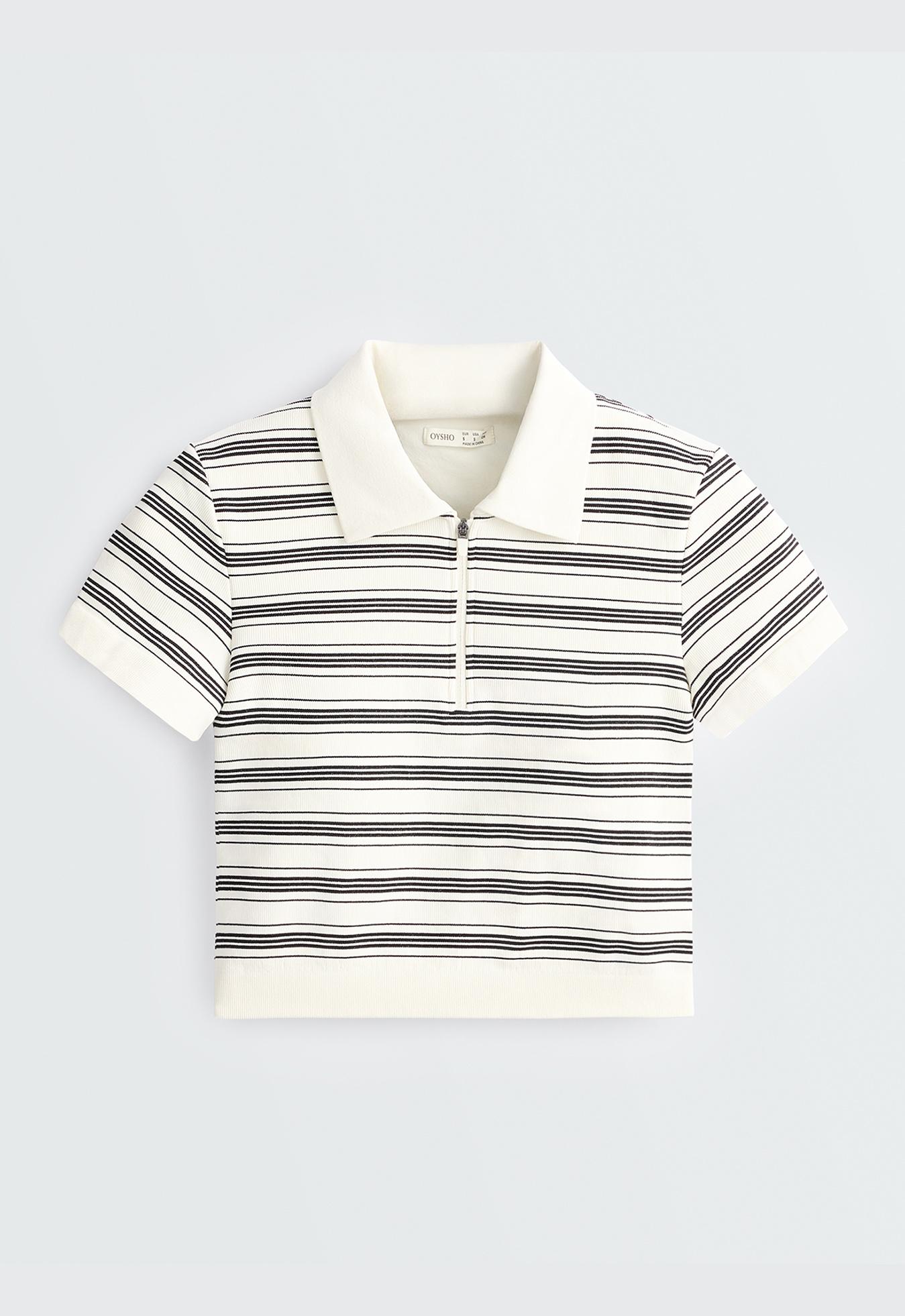 Striped seamless short-sleeved polo shirt — PALE ECRU