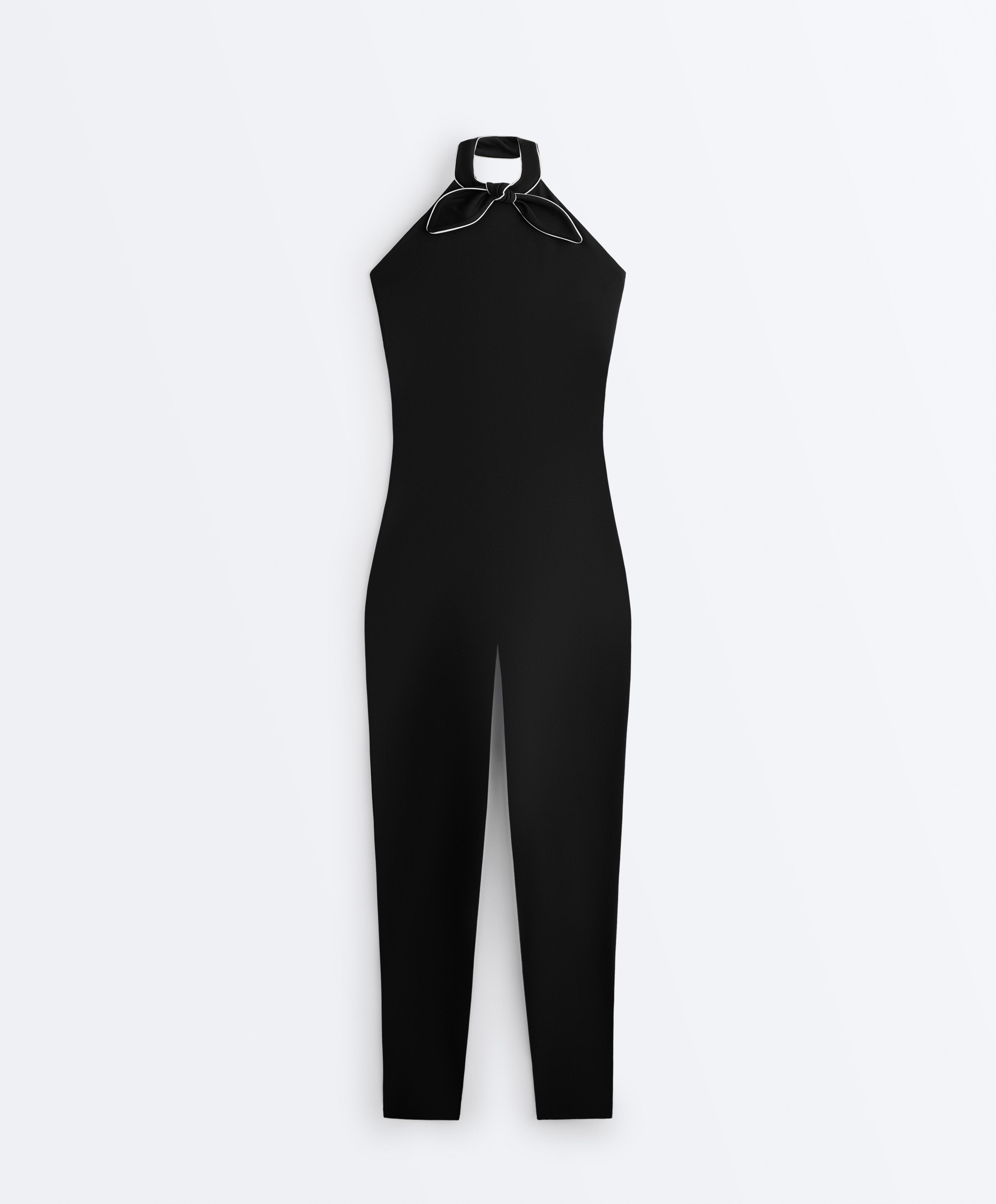 Comfortlux long jumpsuit with tie — BLACK