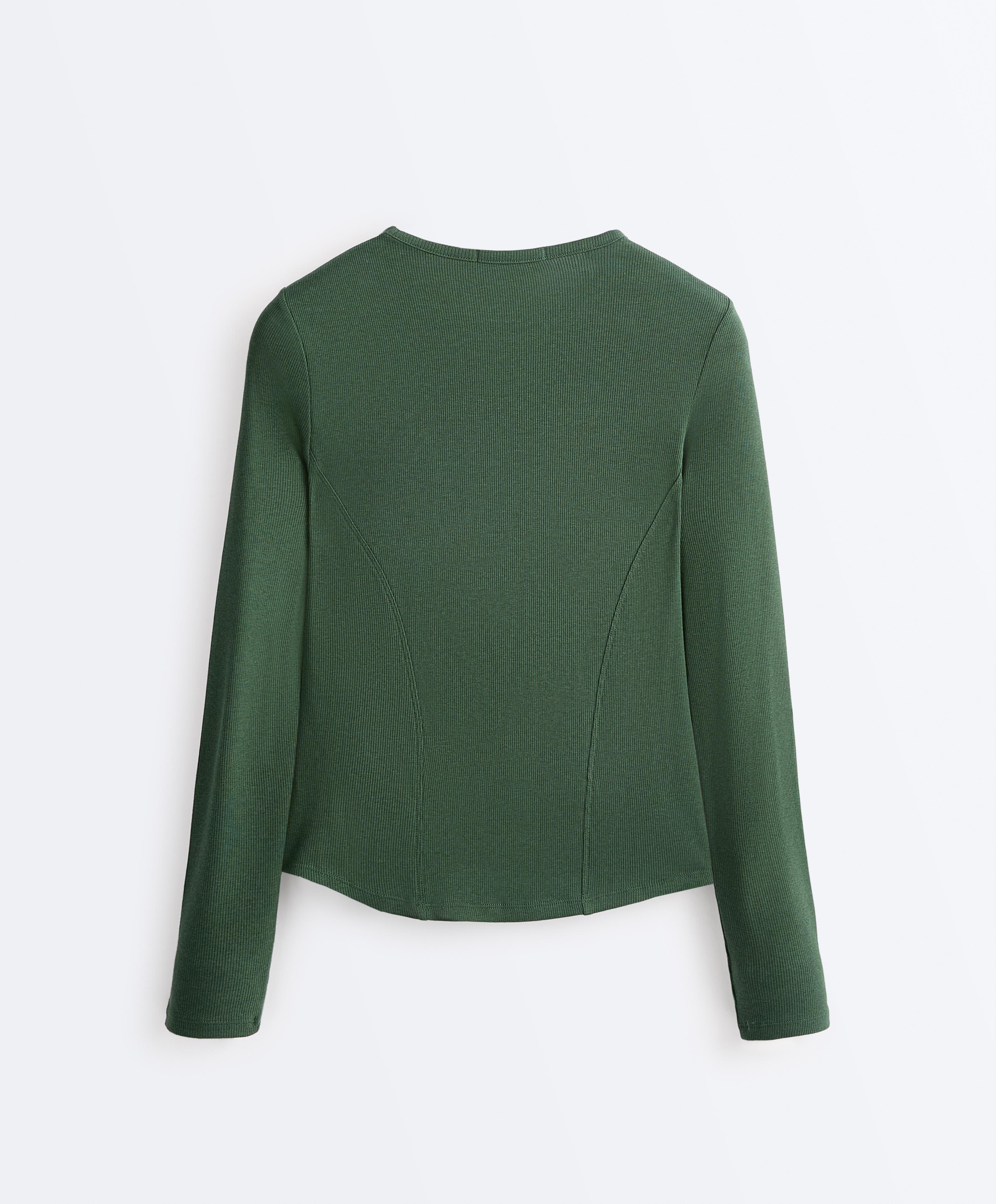 Fitted long sleeve rib T-shirt with cotton and modal — GREEN