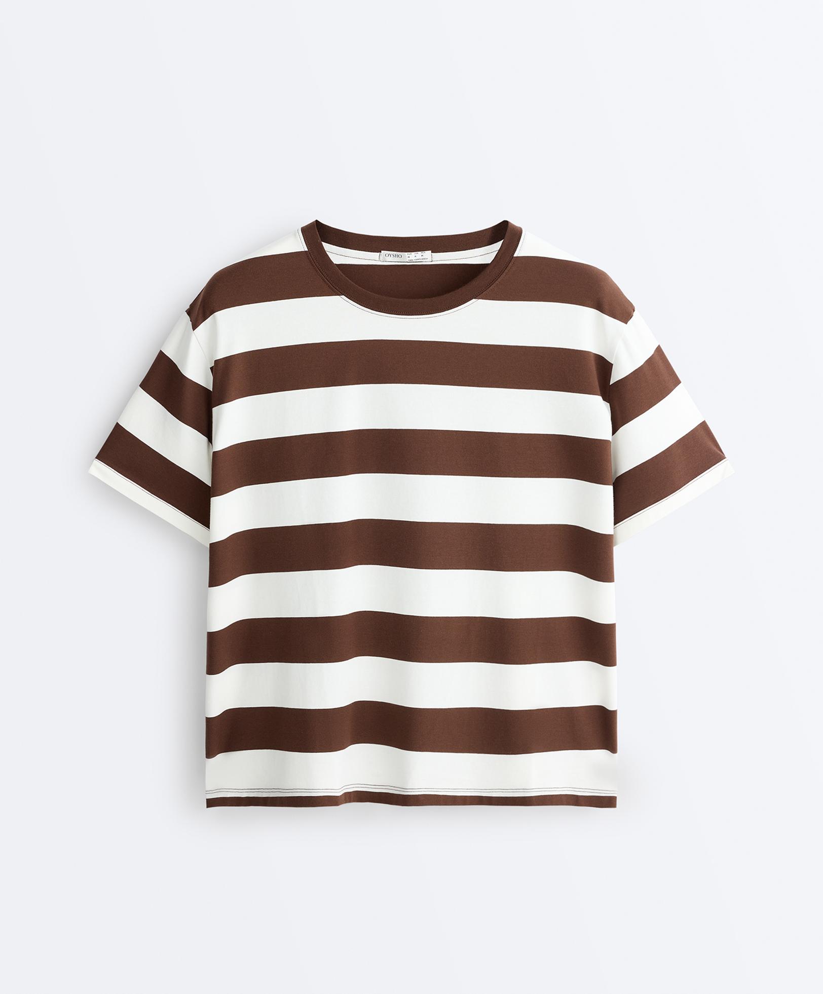 Striped boxy short-sleeve cotton blend T-shirt — DARK BROWN