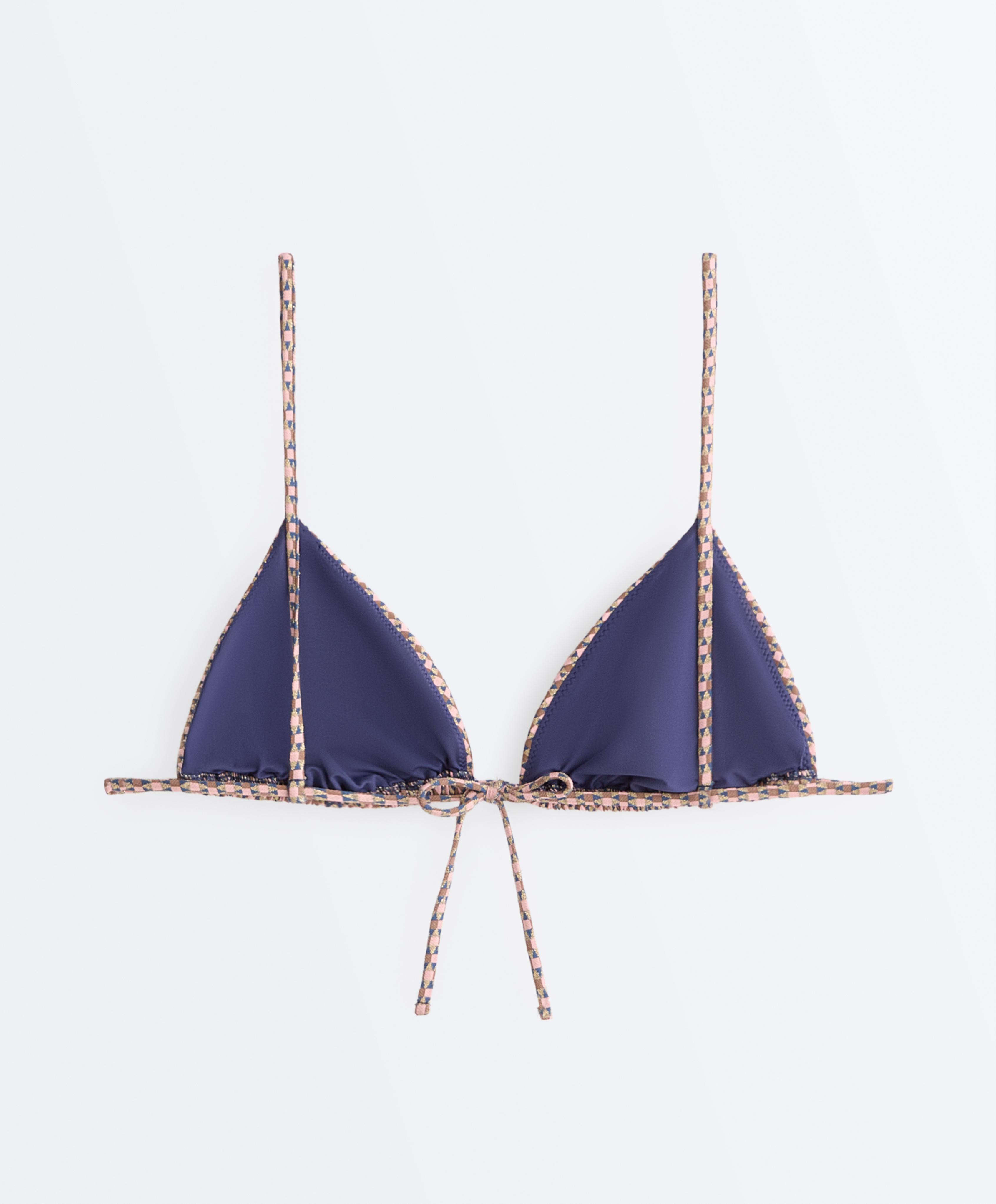 Mini print metallic thread triangle bikini top — PINK