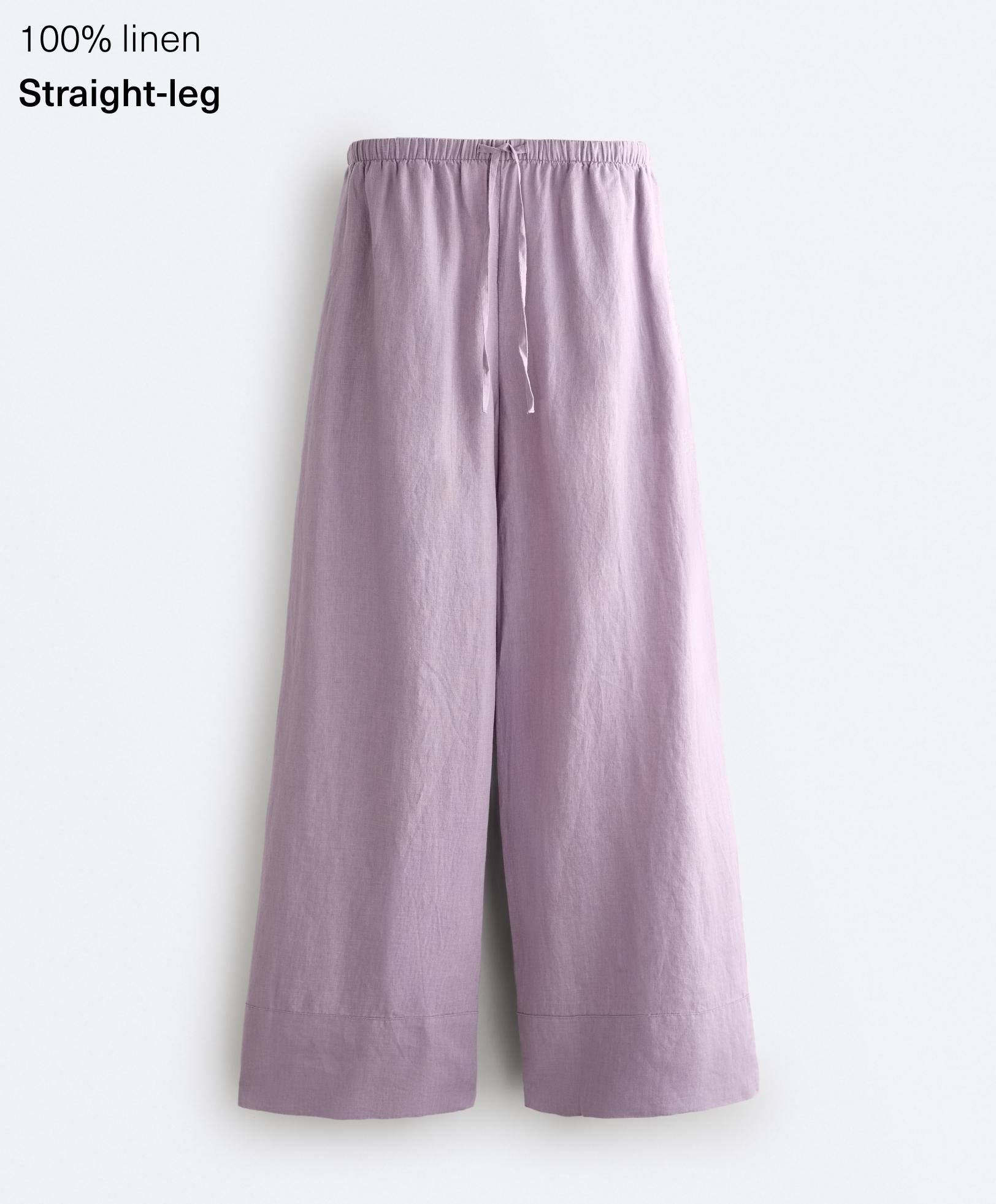 100% linen straight-leg trousers — LILAC
