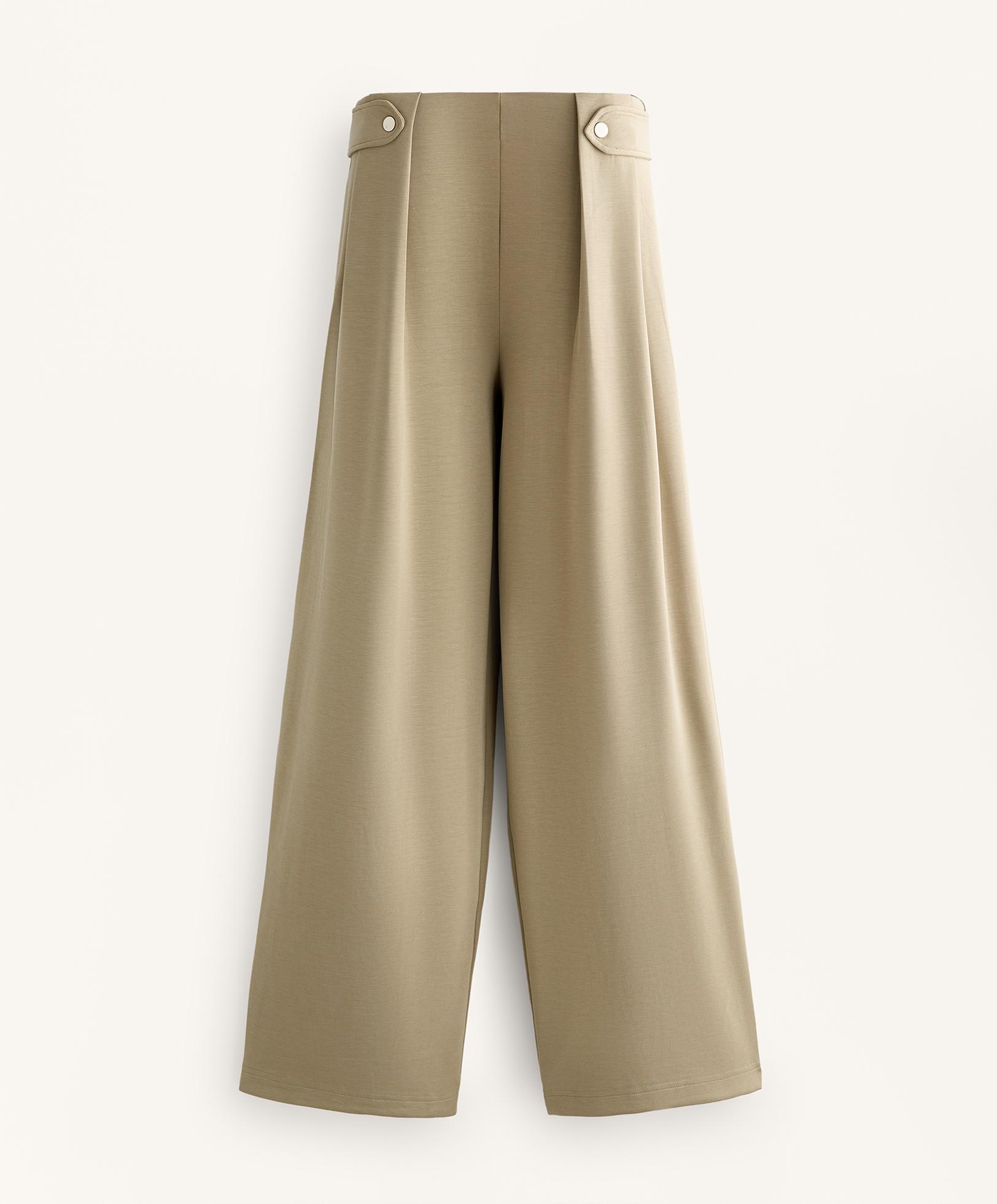 Soft-touch modal wide-leg trousers with pleat waist detail — GREEN BEIGE