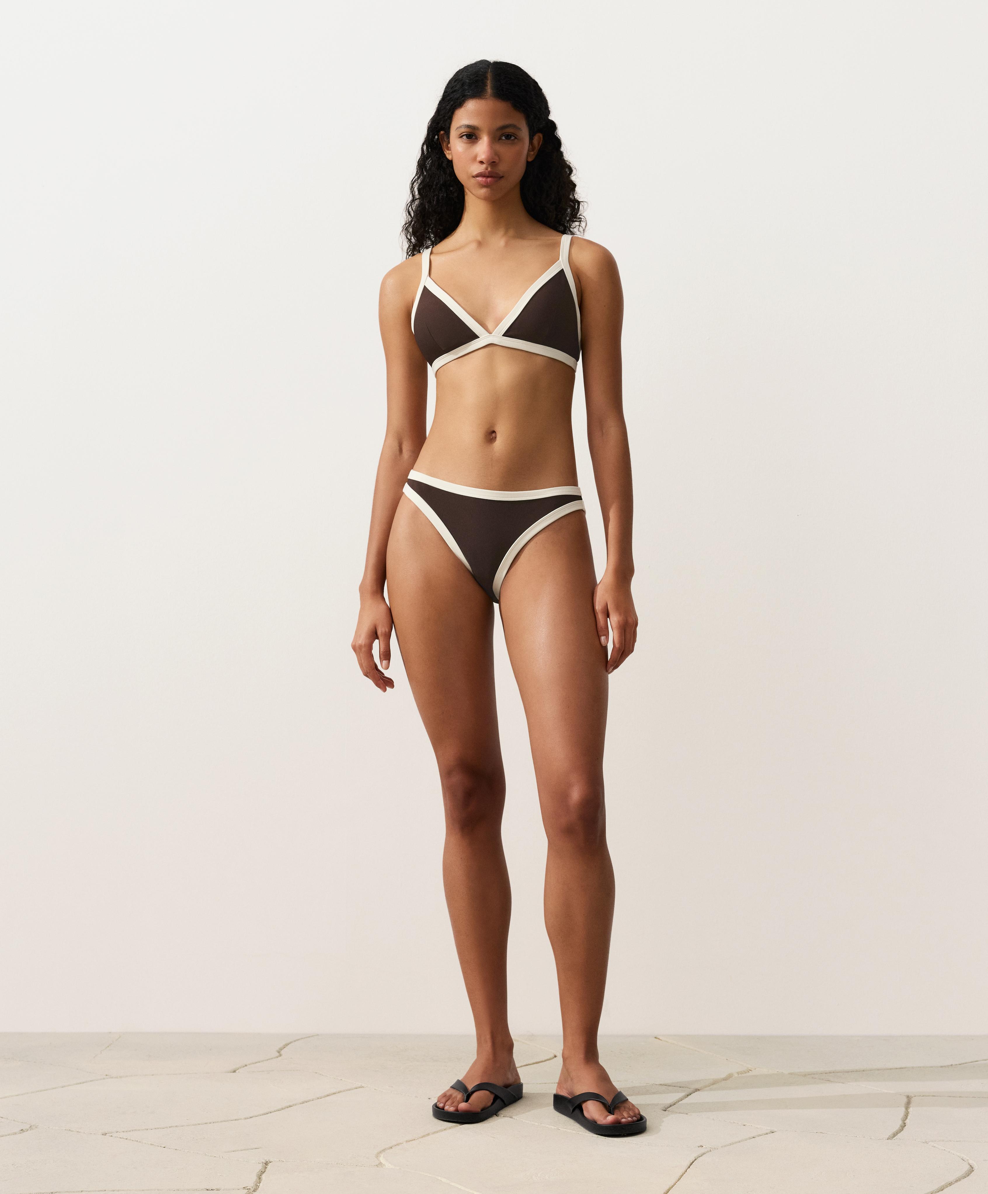 Contrast trim triangle bikini top — DARK BROWN