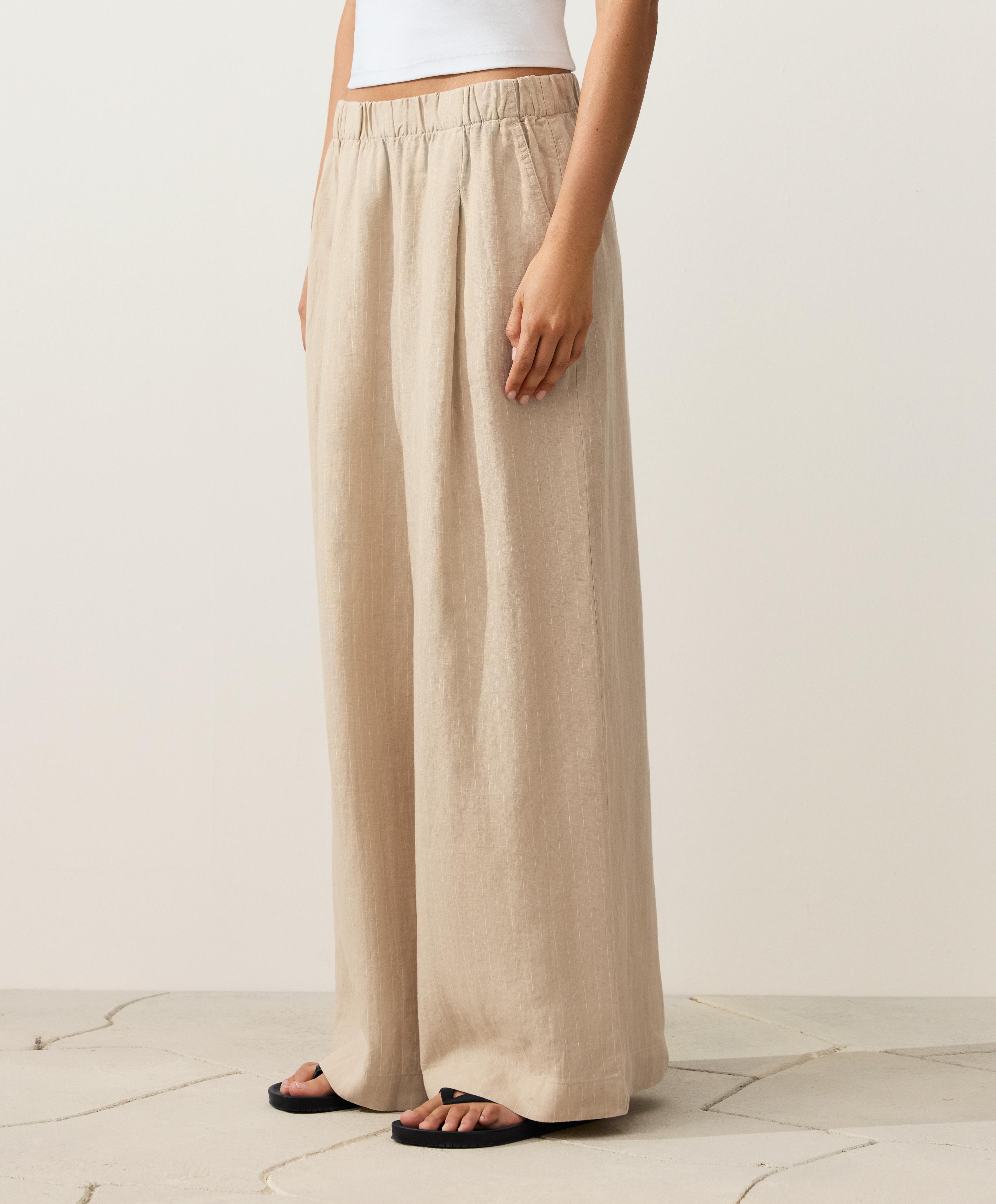 100% linen wide-leg striped trousers — SANDY