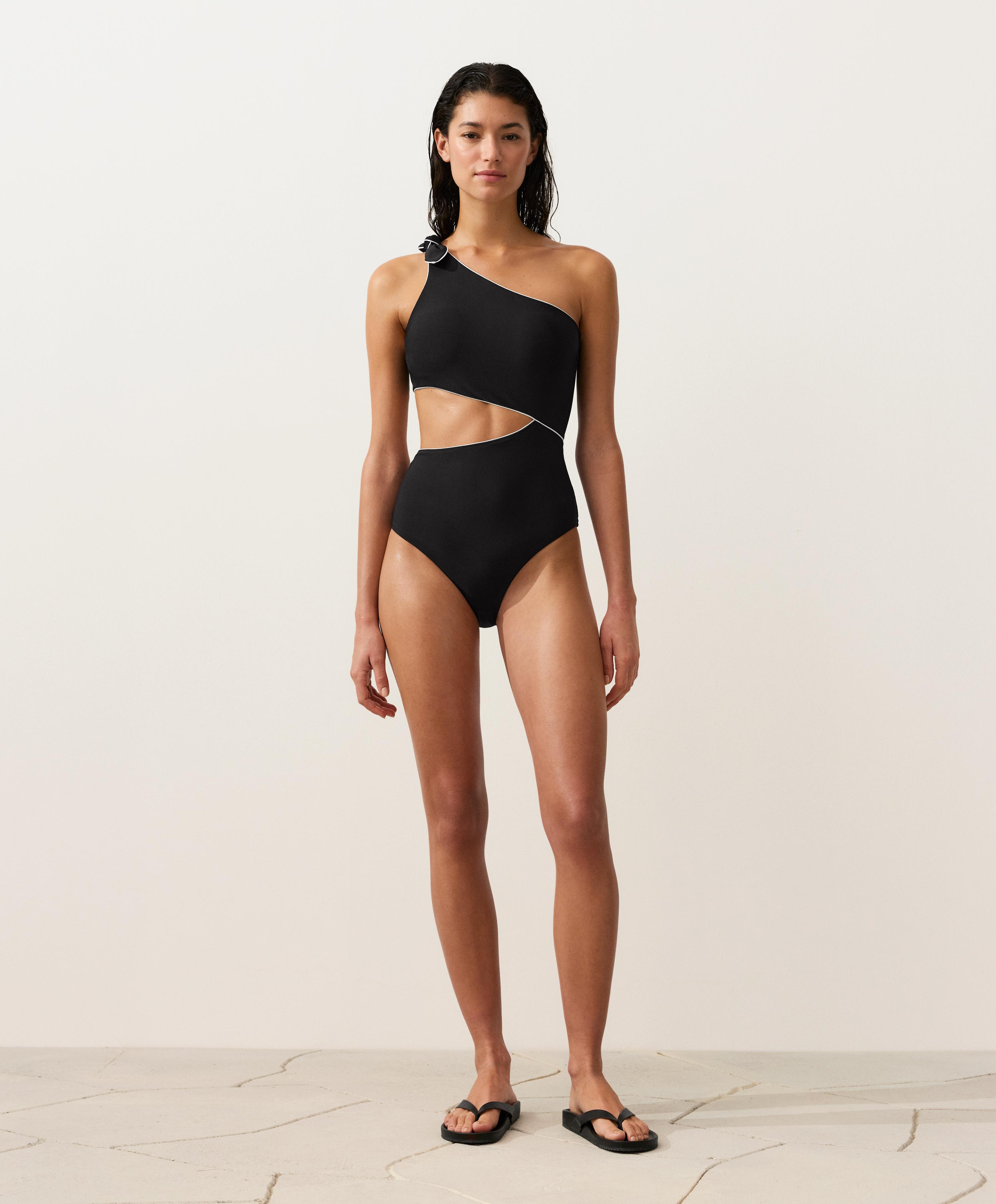 Asymmetric piping bow trikini — BLACK