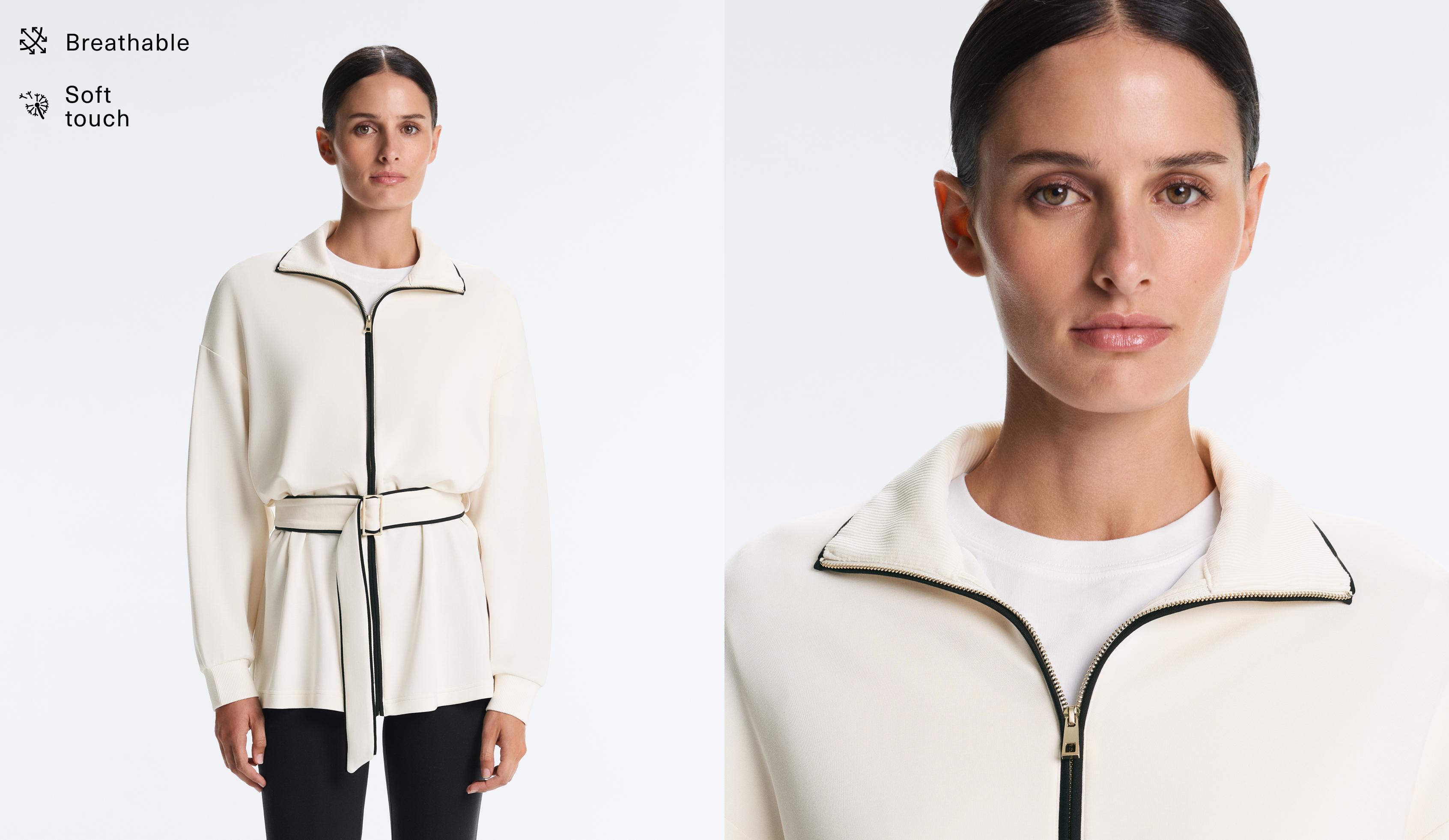 Long piping jacket with soft-touch modal — PALE ECRU