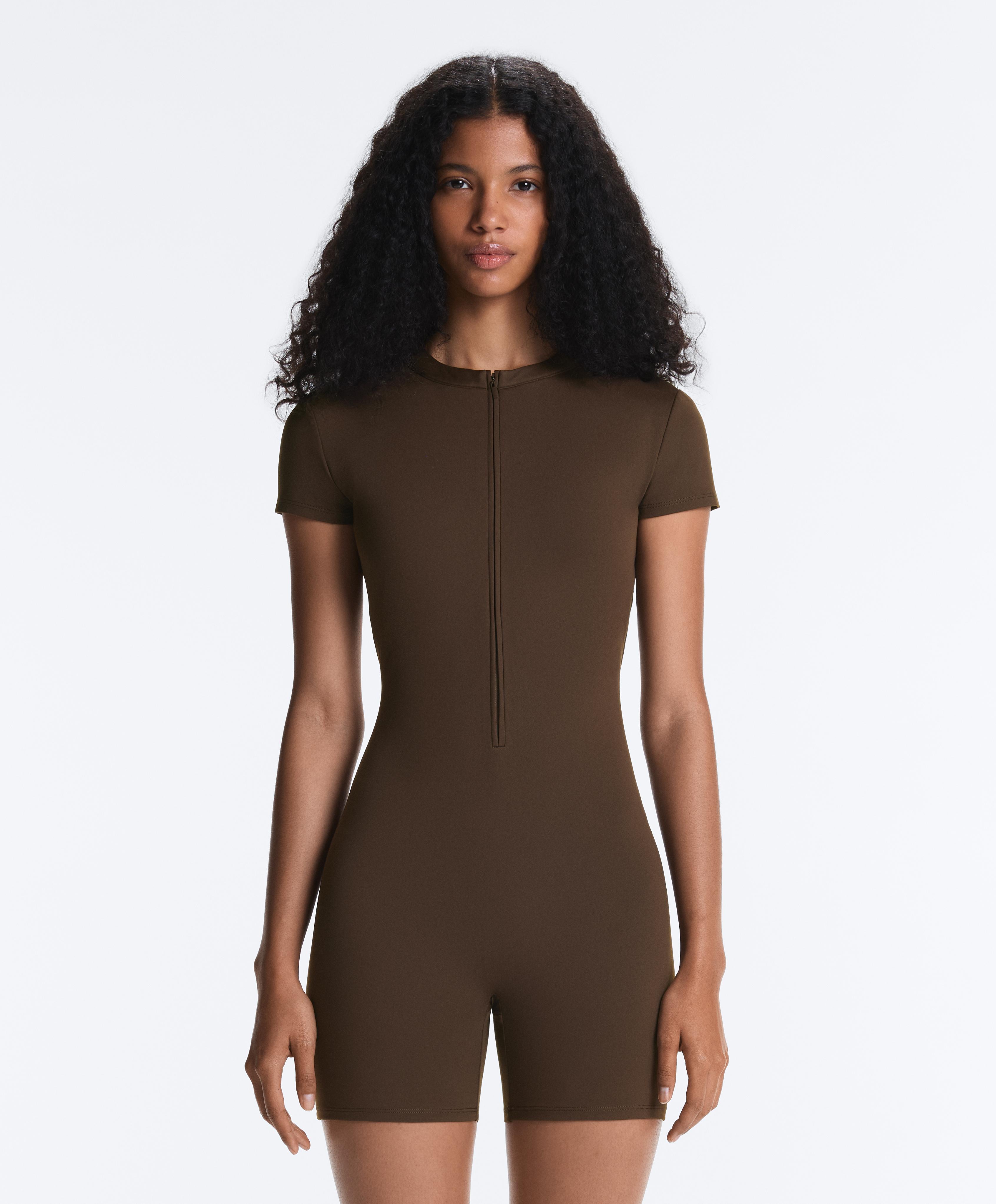 Comfortlux short zip jumpsuit — DARK BROWN