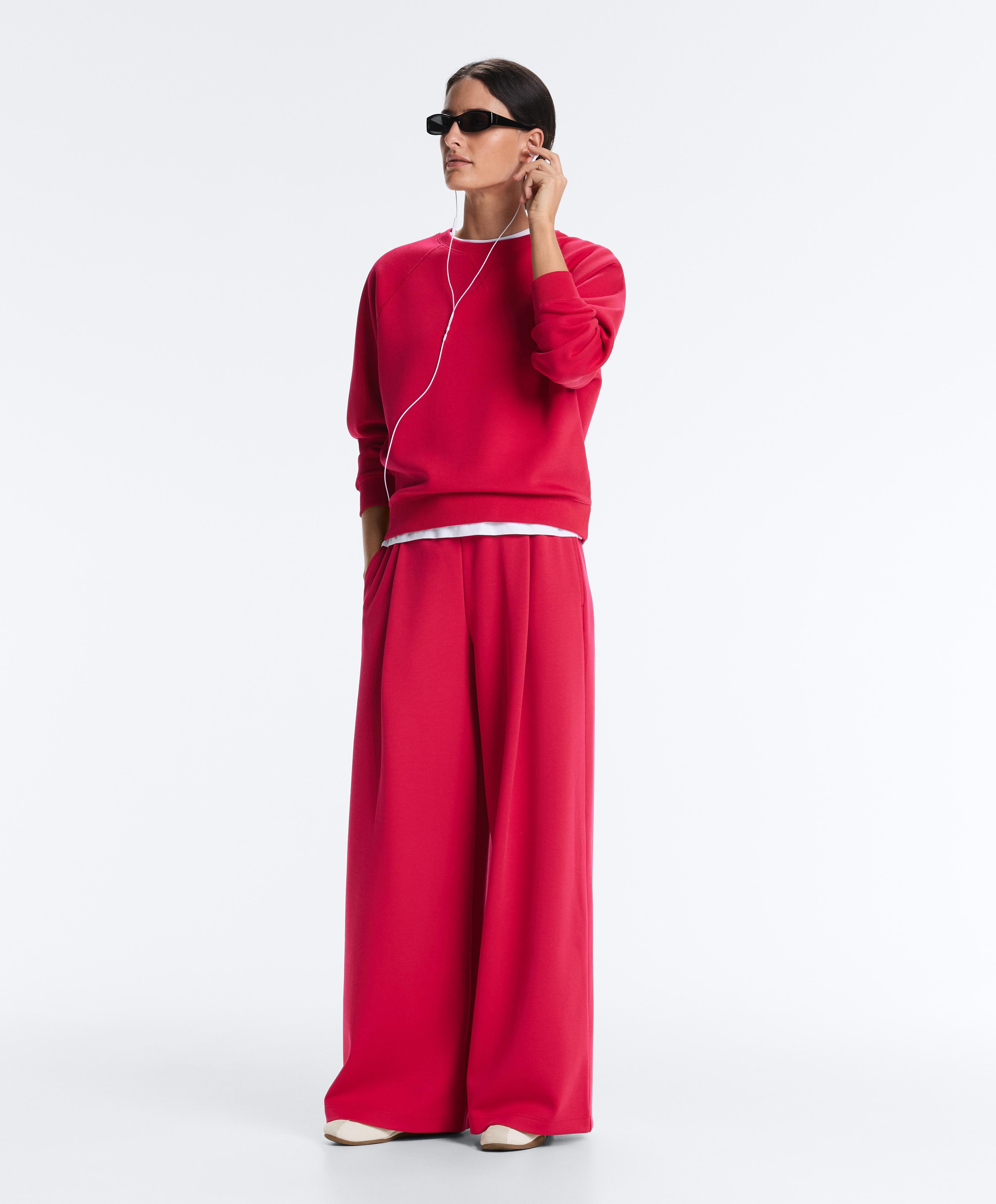 Wide-leg piqué pleat trousers with cotton — RED