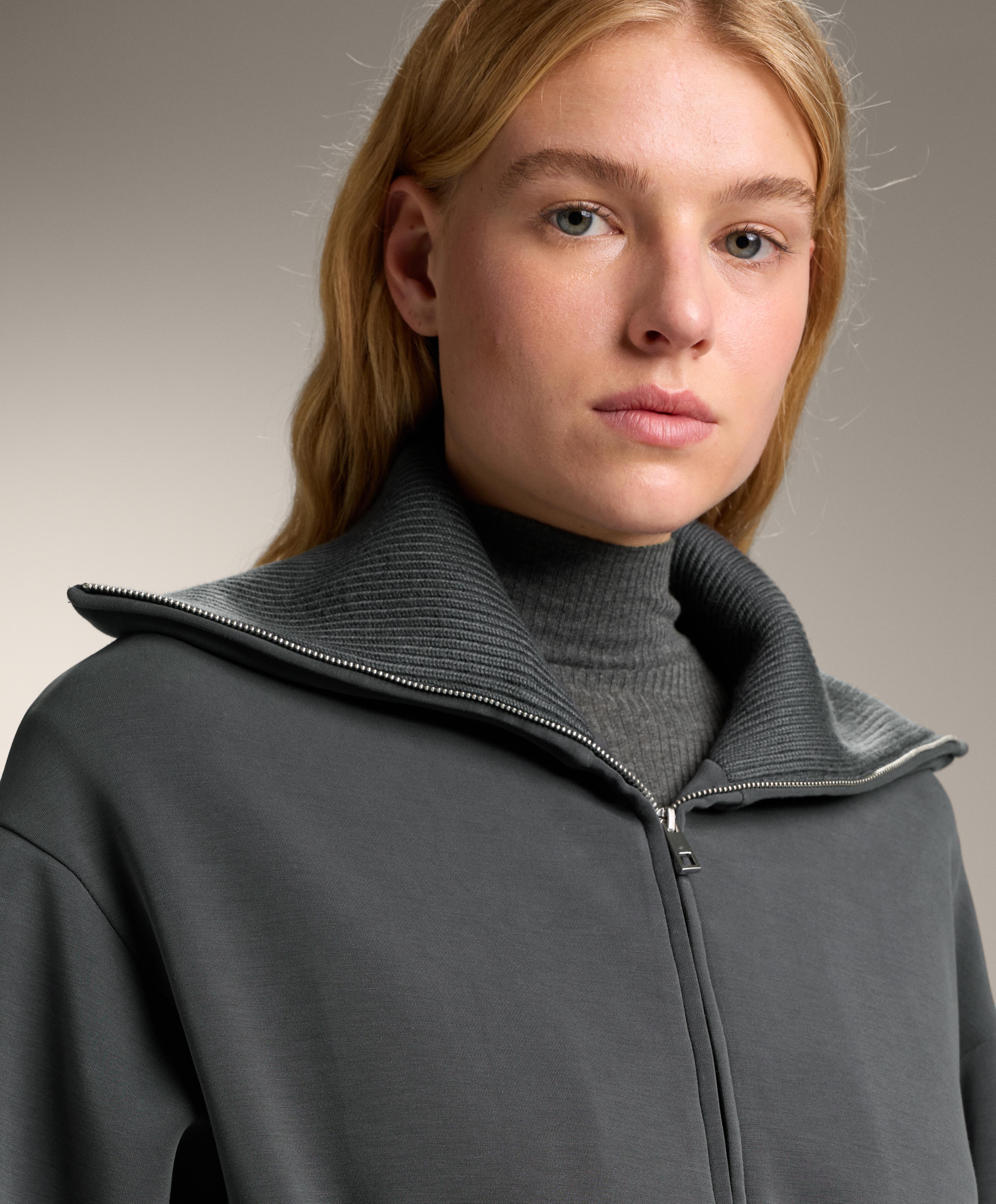 Long brushed modal jacket with adjustable waist and tricot collar - Sale Long brushed modal jacket with adjustable waist and tricot collar - Sale