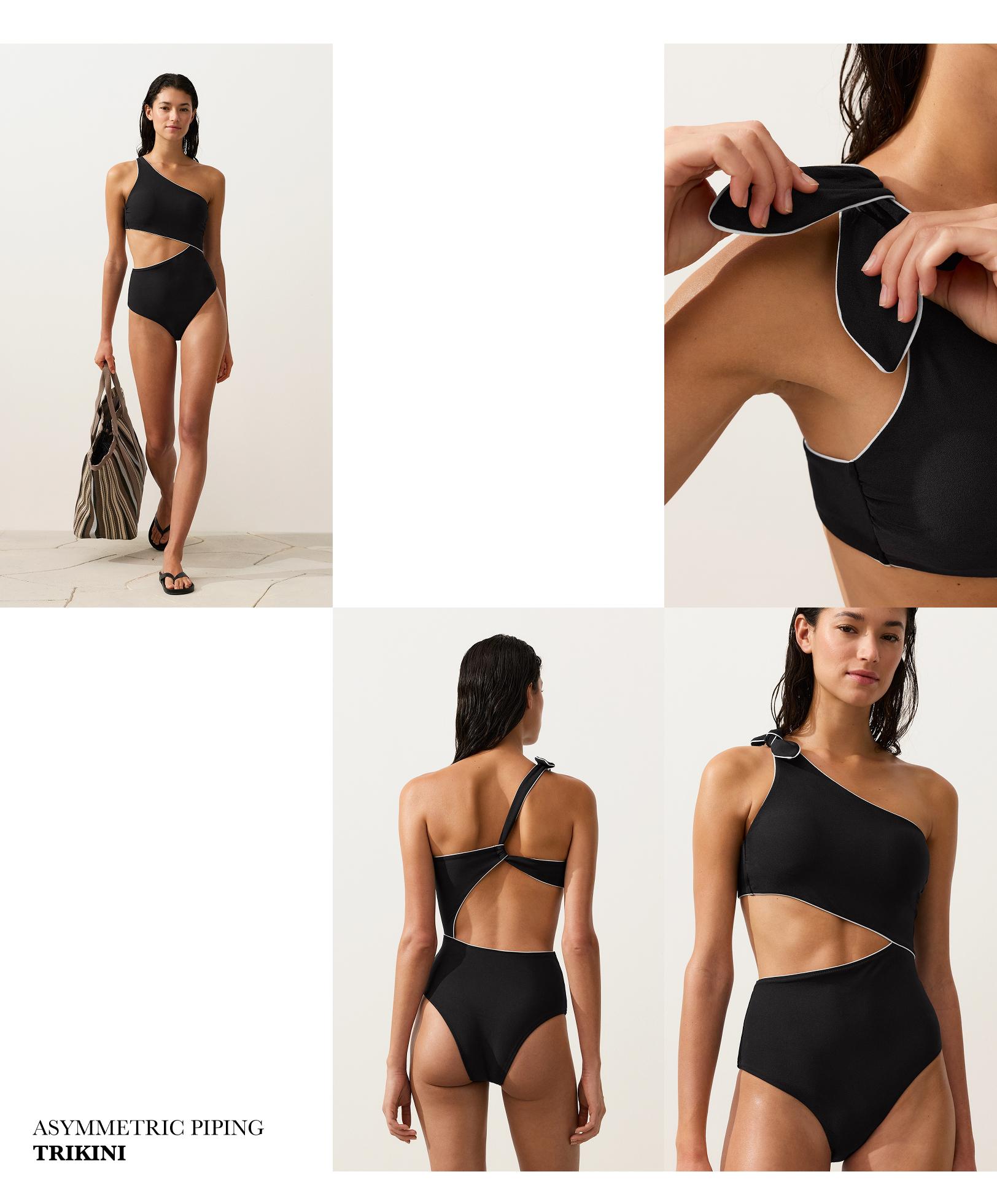 Asymmetric piping bow trikini — BLACK
