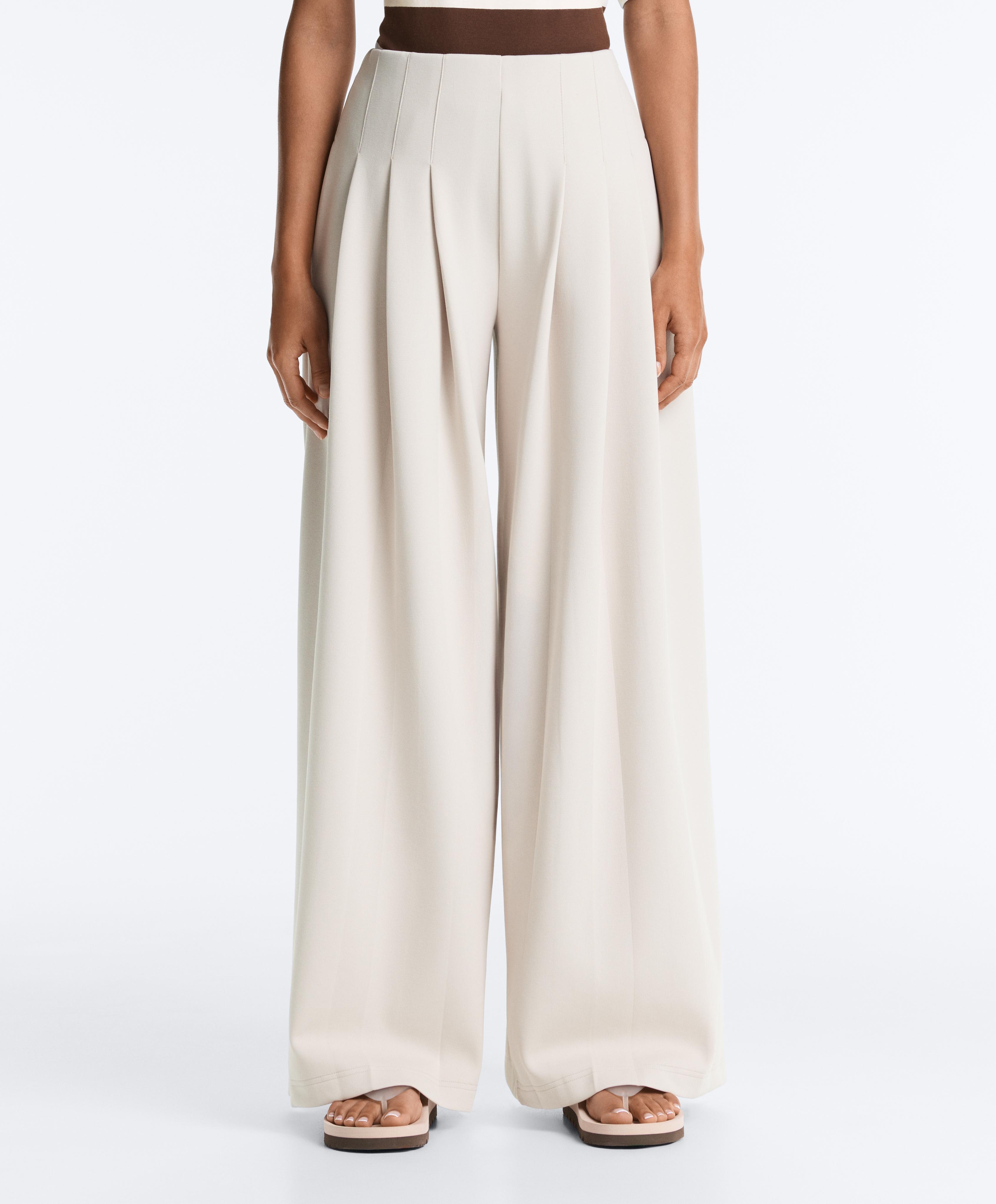 Cotton wide-leg pique trousers with pleats — PALE MINK