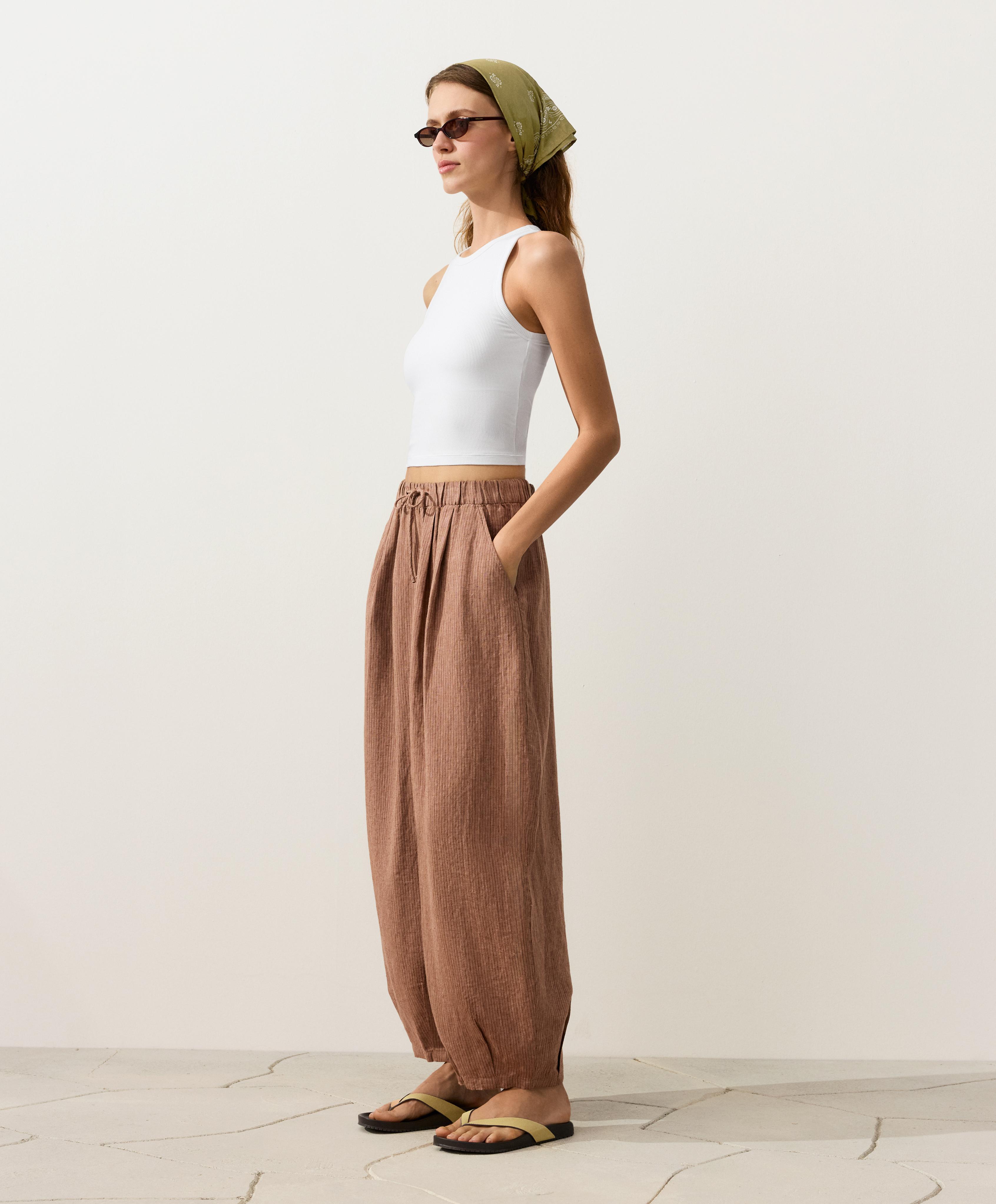 100% linen striped balloon trousers — TAN MELANGE
