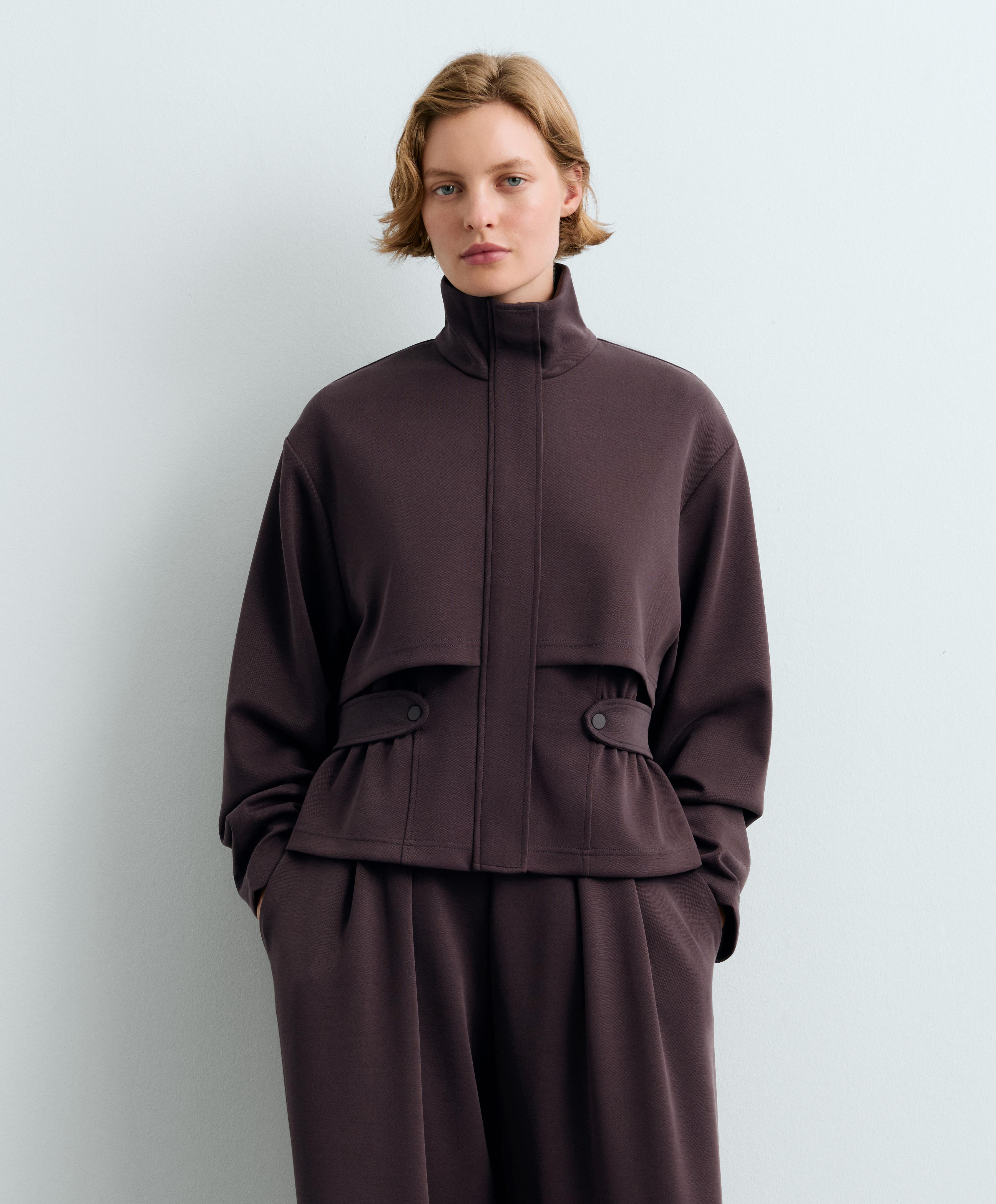 Short piqué jacket with belt — Purplish brown