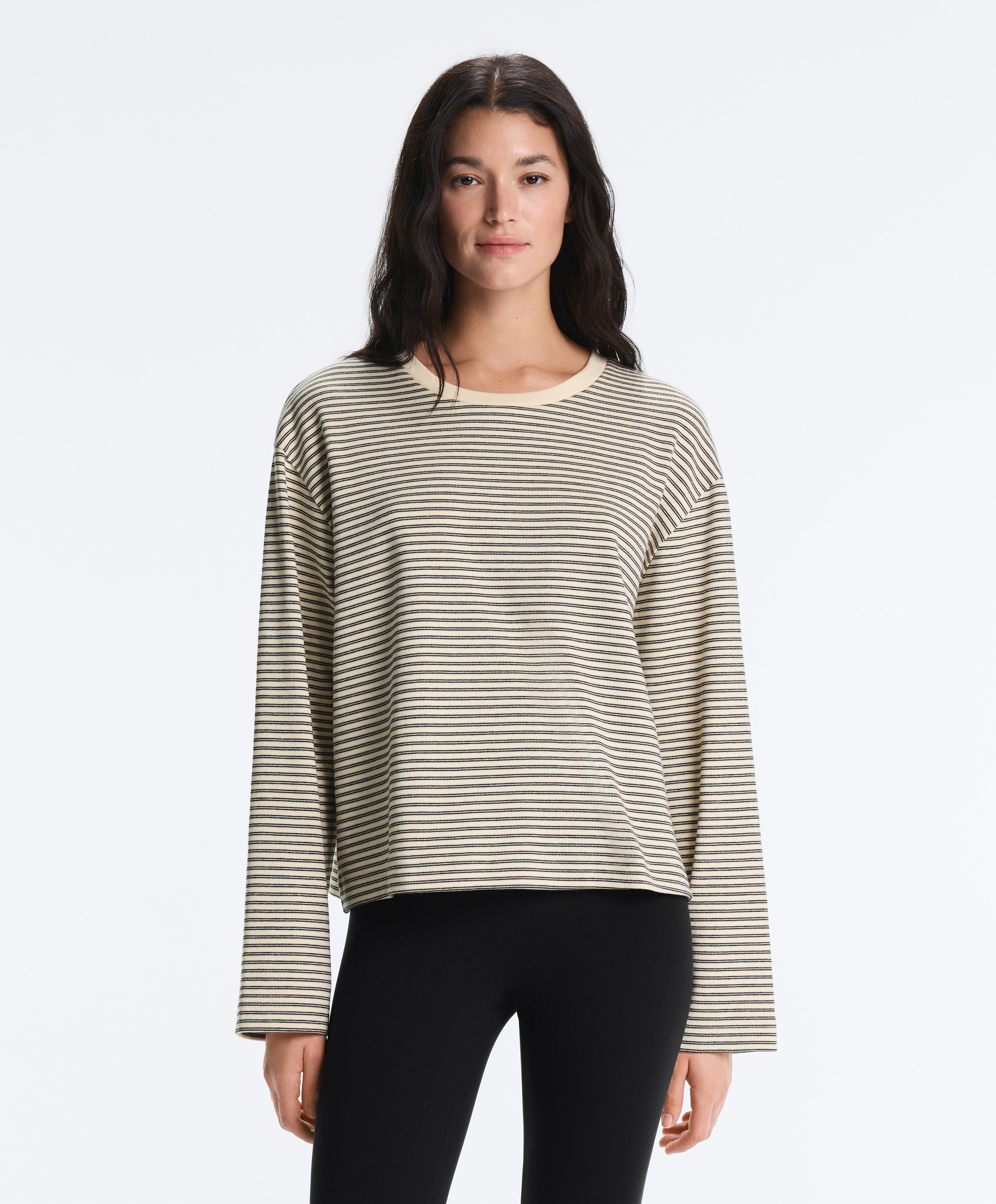 Striped cotton blend long sleeve relaxed T-shirt — WHITE 
