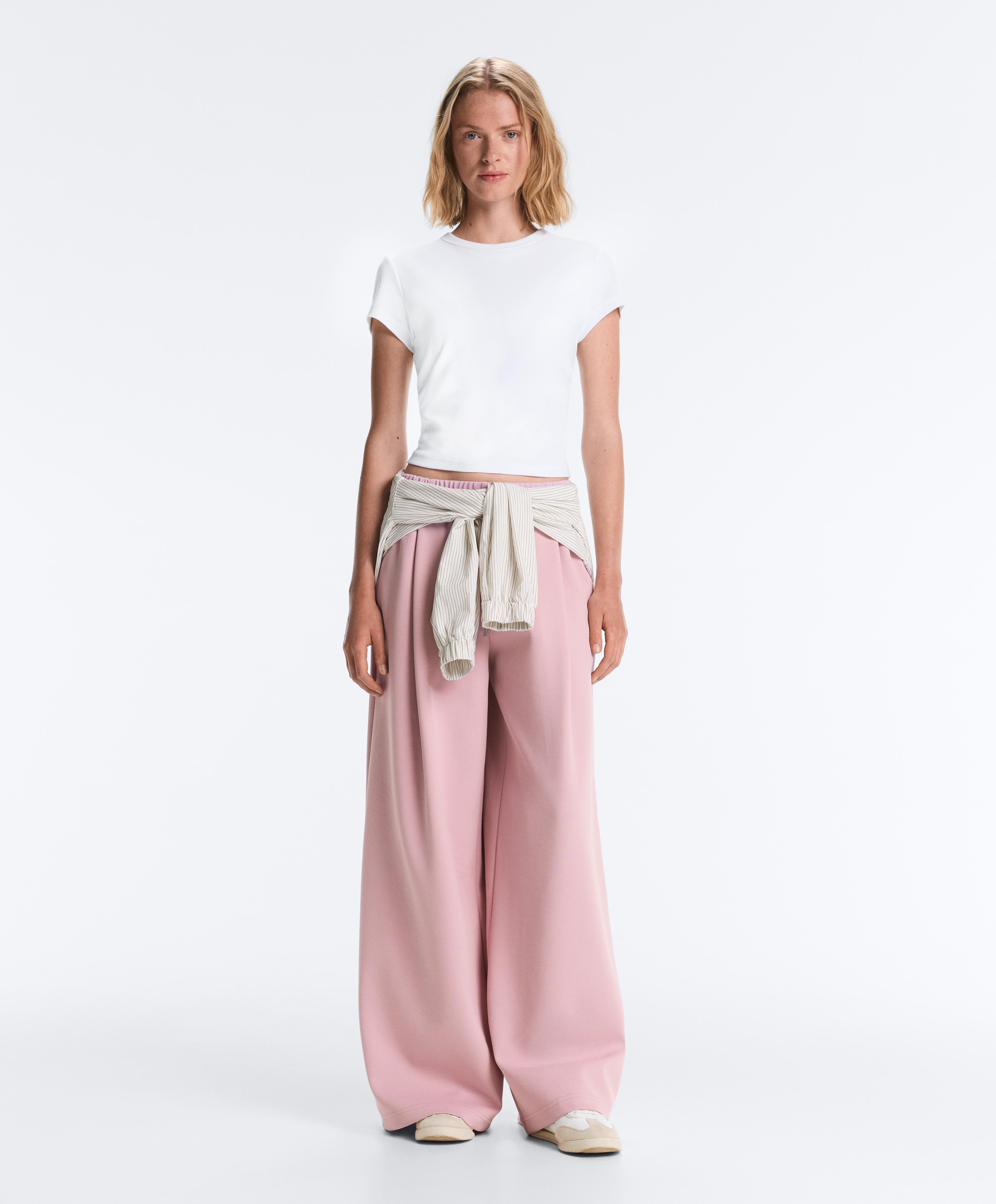 Cotton piqué pleated straight-leg trousers