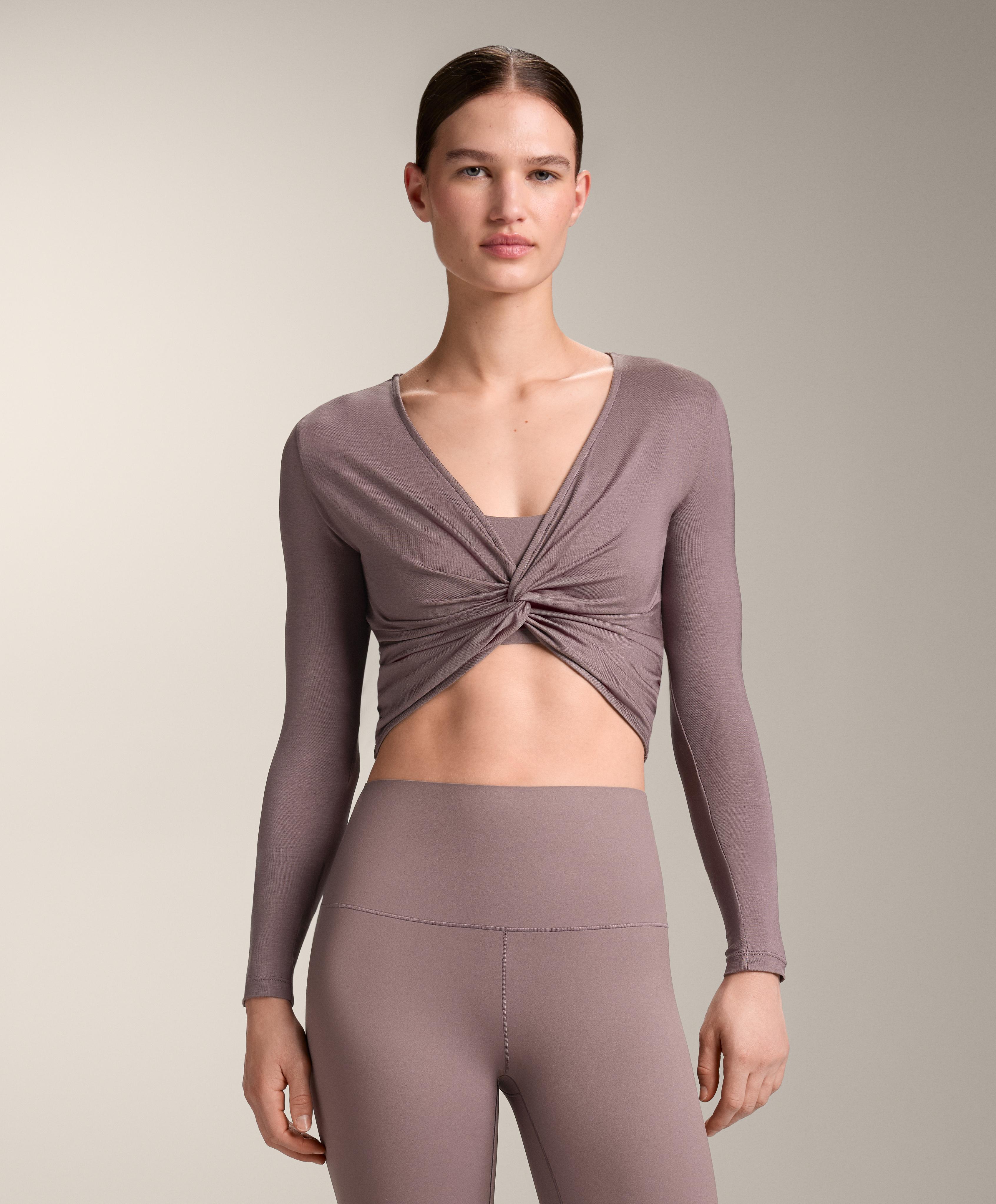 Multi-position long sleeve knotted lyocell blend T-shirt — GREY-LILAC