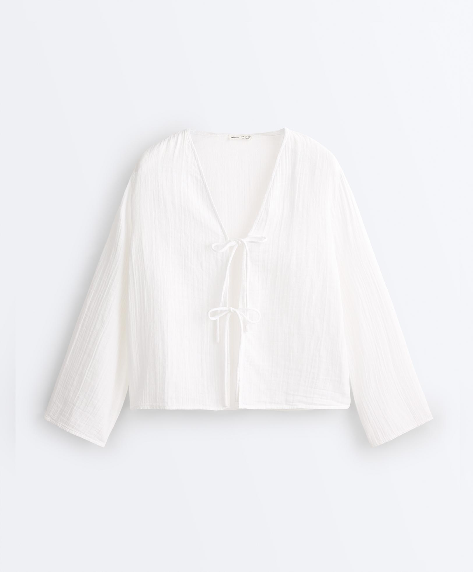 100% cotton gauze long-sleeved tie-front shirt — WHITE