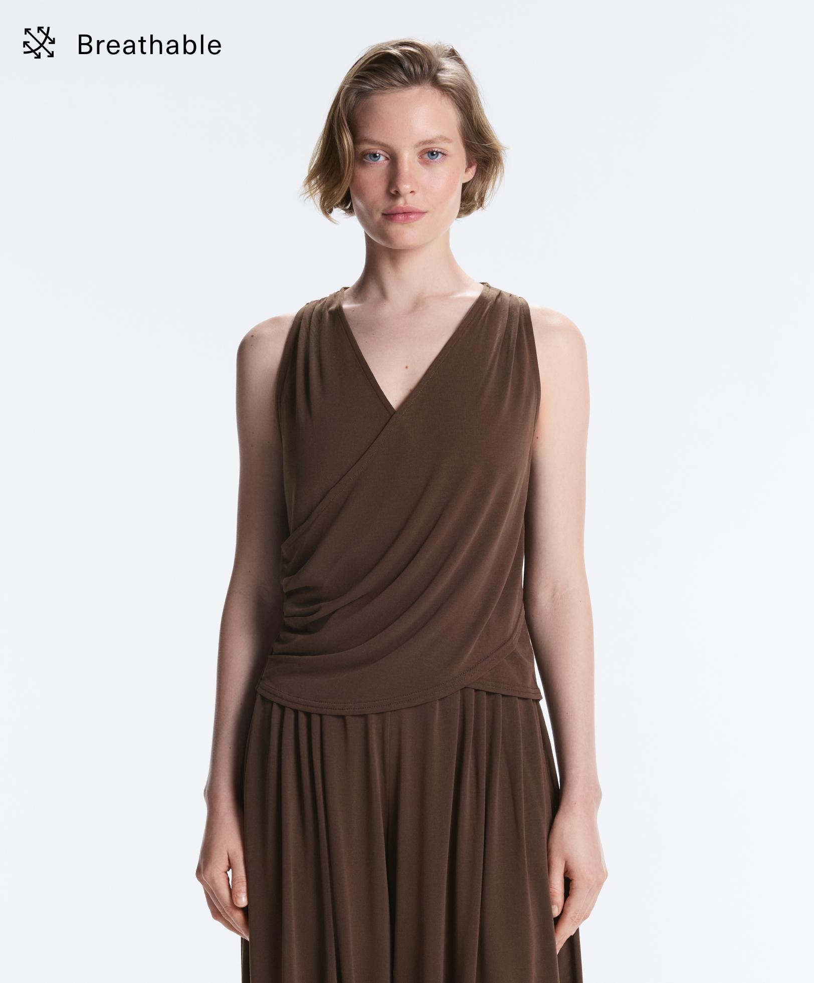 Modal blend crossover sleeveless T-shirt — DARK BROWN