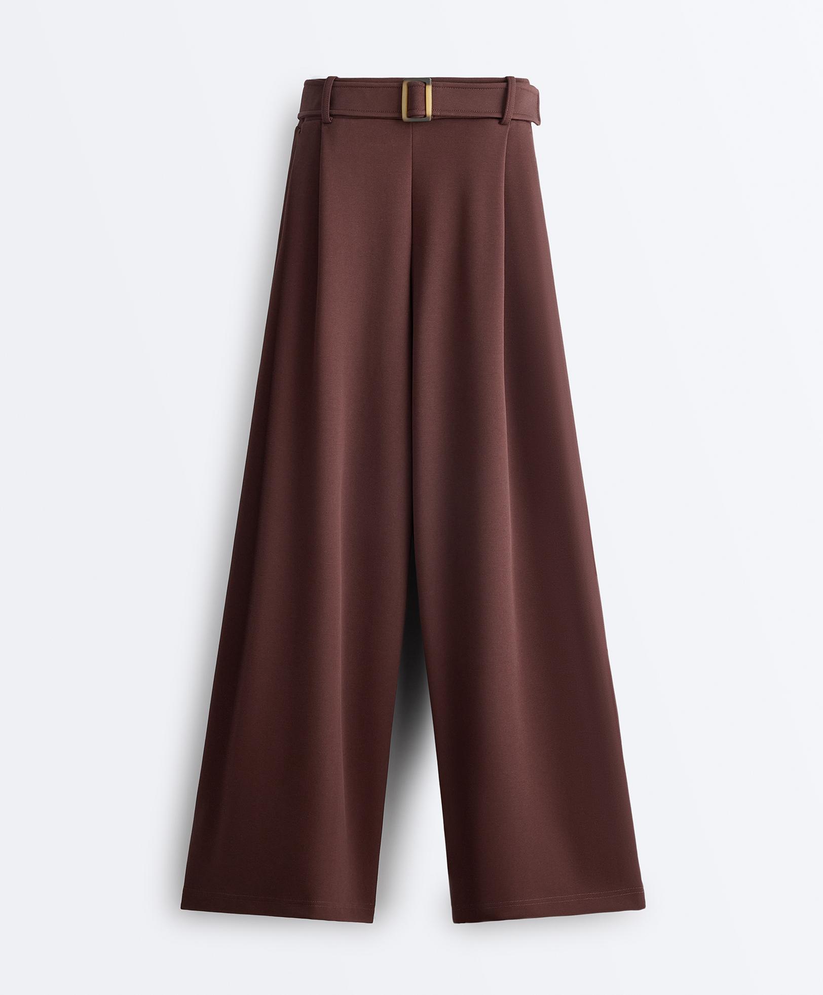 Wide-leg cotton piqué belted trousers — CHOCOLATE