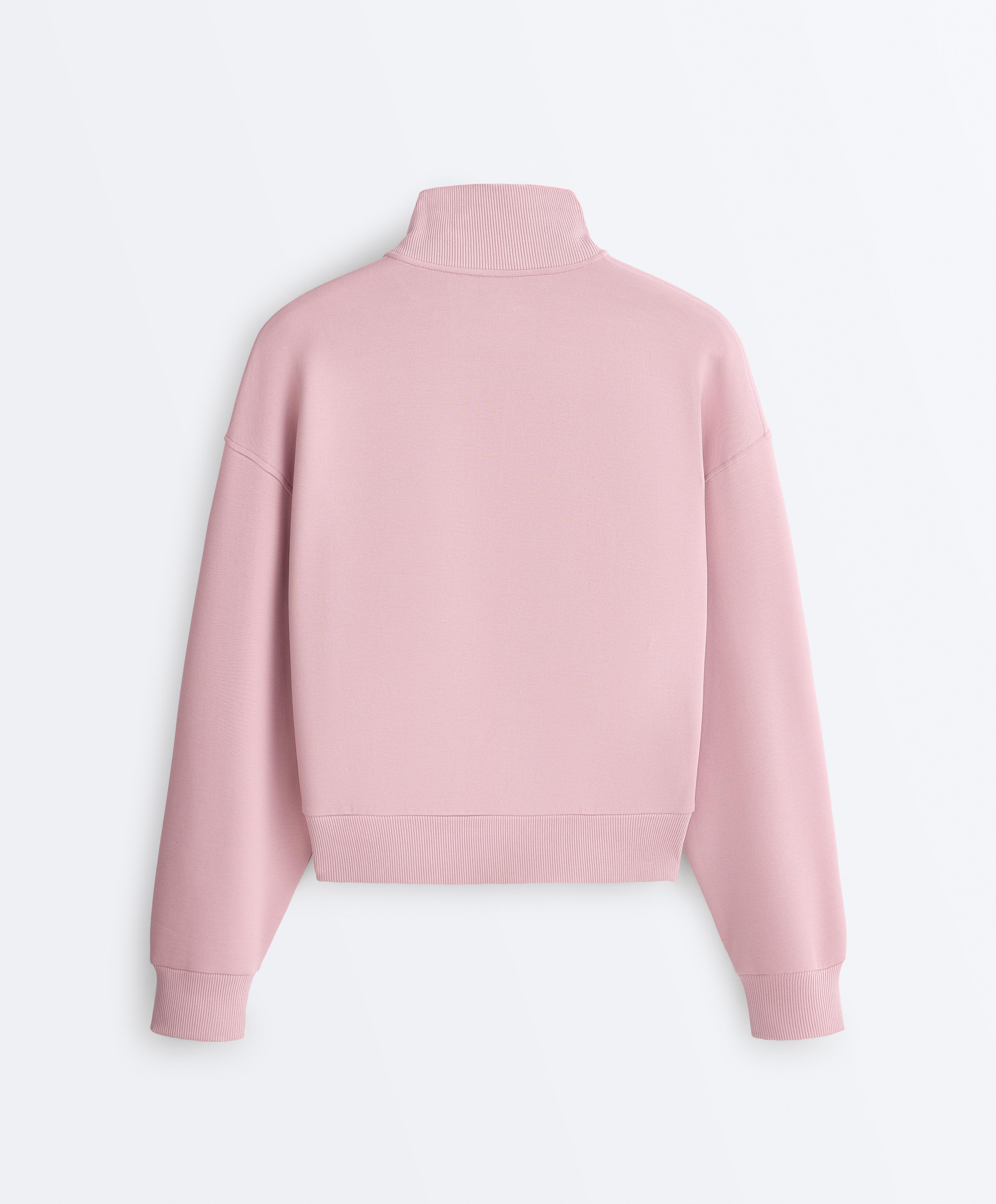 Pique high-neck zip sweatshirt with cotton — PALE PINK