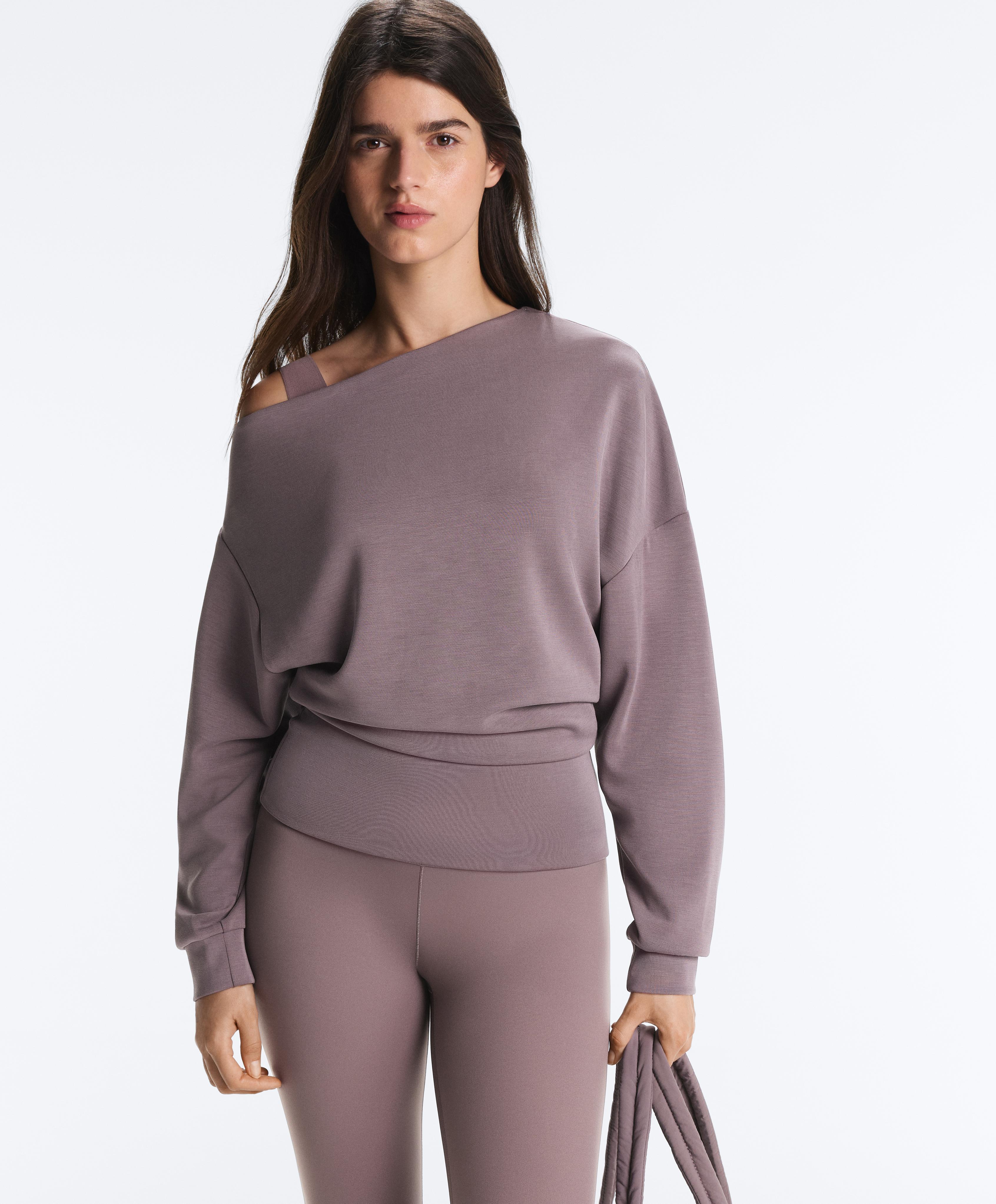 Asymmetric neck sweatshirt with adjustable waist and soft-touch modal — GREY-LILAC