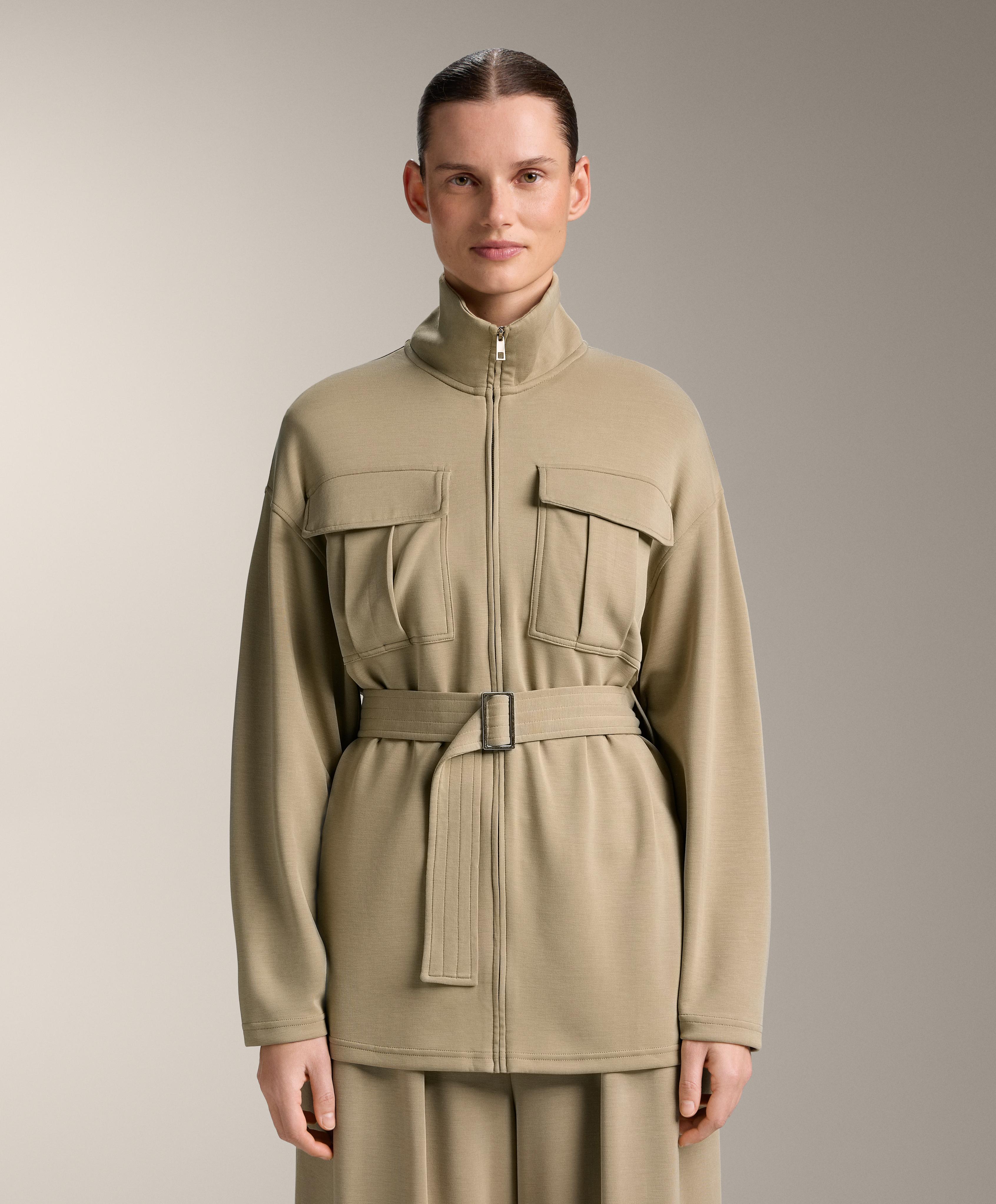 Long soft-touch jacket with modal and belt — GREEN BEIGE