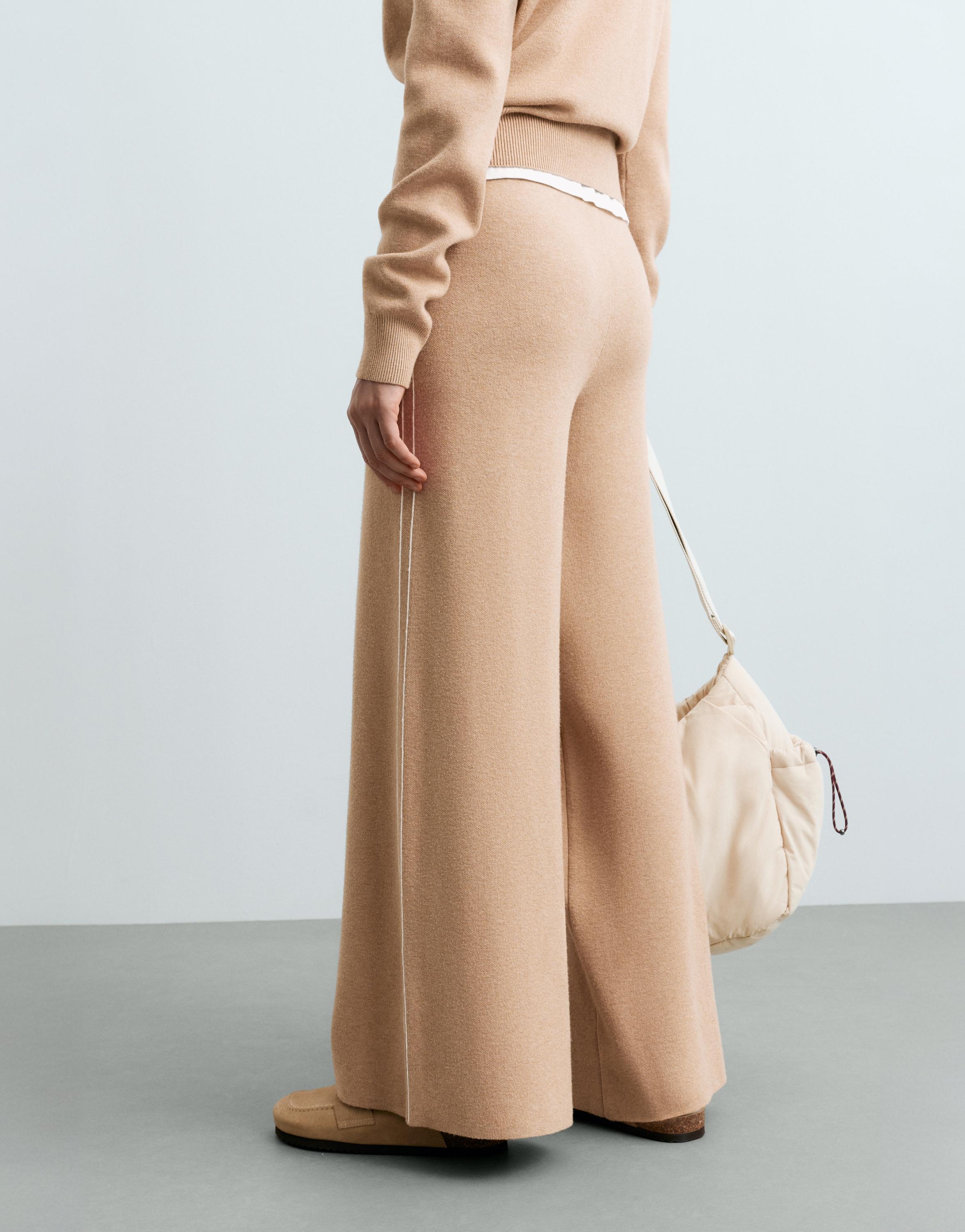 Wide-leg knit trousers with piping and splits — CAMEL