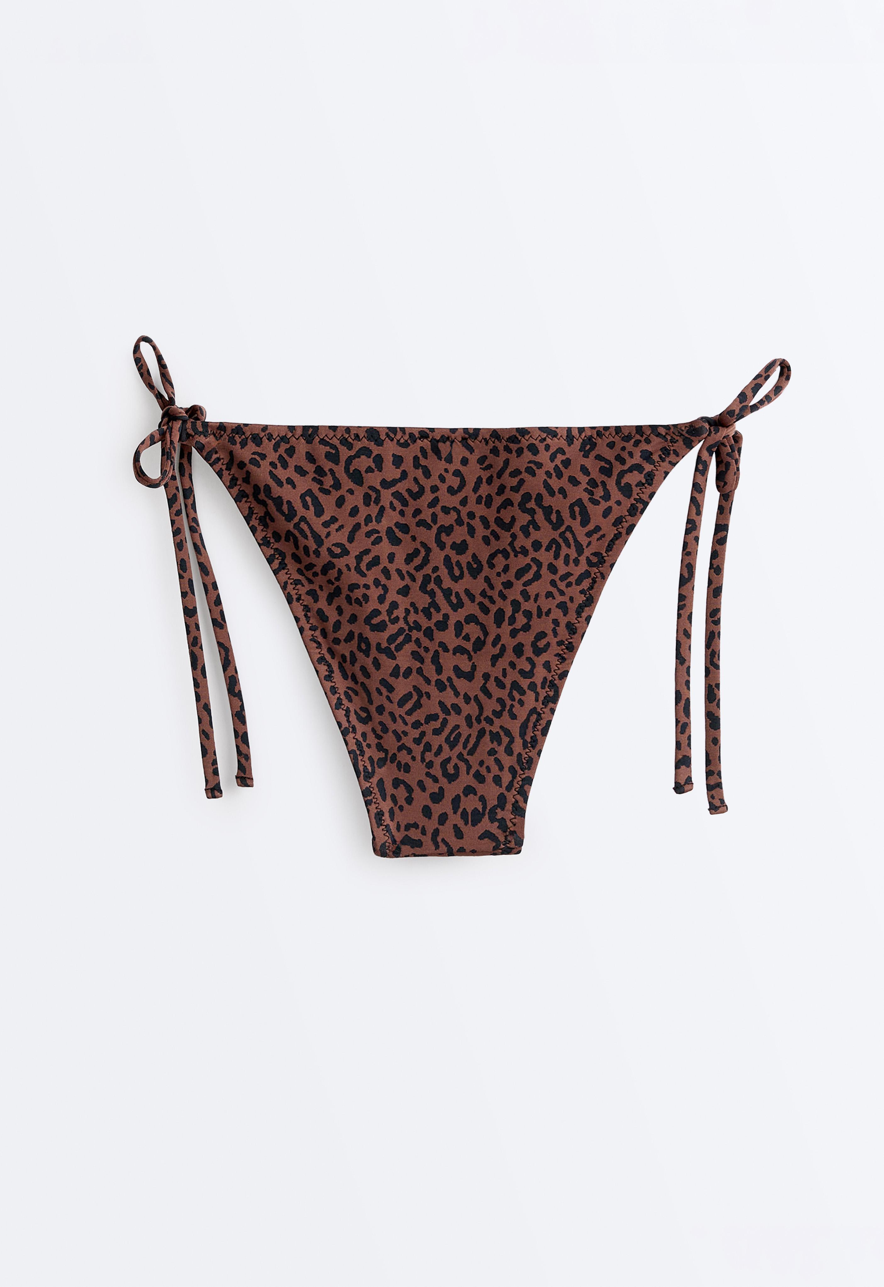 Leopard print tie-side bikini briefs — BROWN