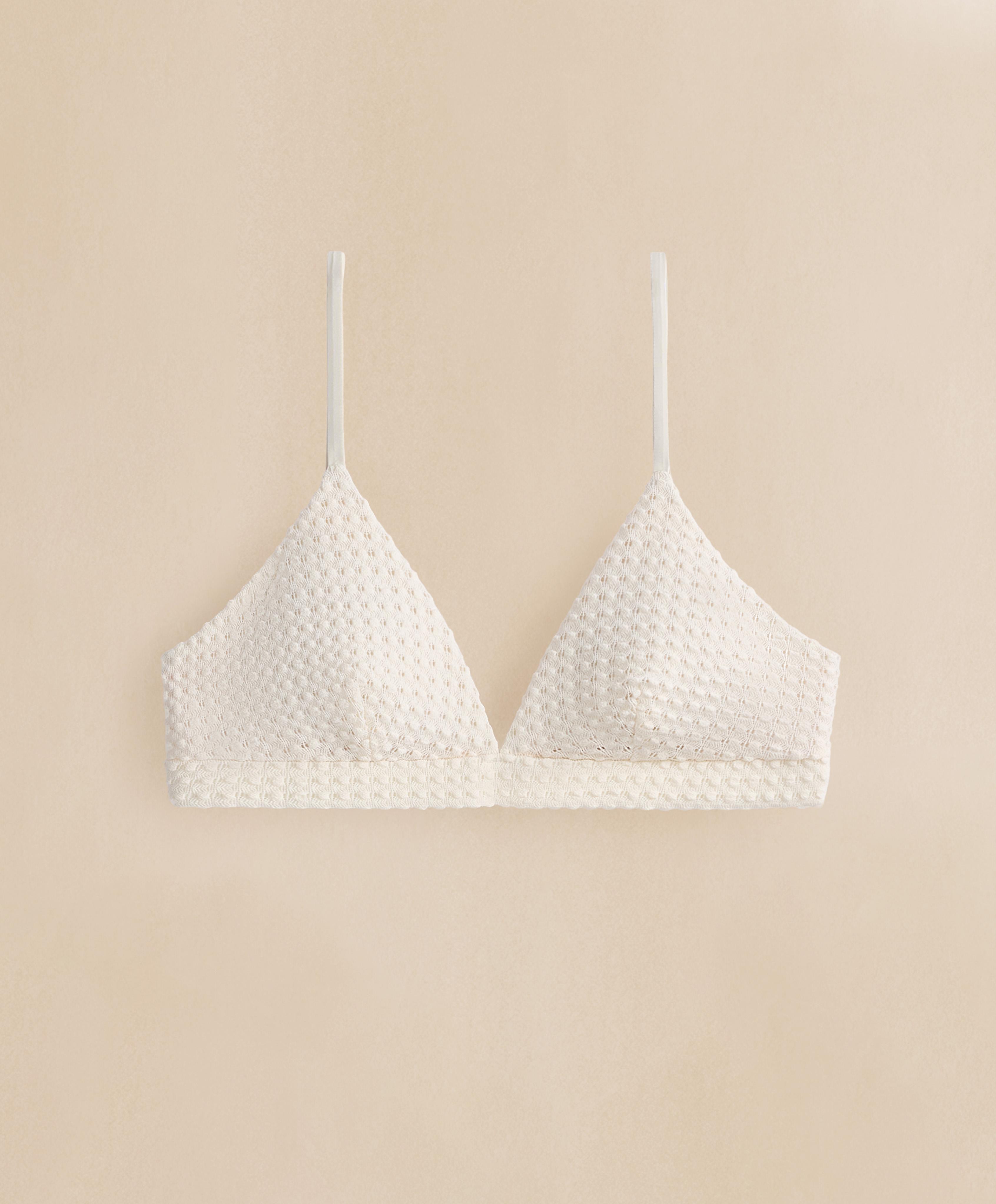 Bubble-texture crochet triangle bikini top — ECRU